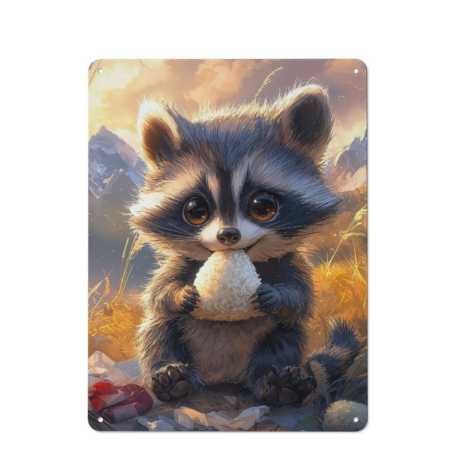 Industrial Cute Raccoon Eating Rice Ball Retro Metal Sign 40x30cm, Shed Wall Plaque for Garage, Workshop, Shed Or Utility Room