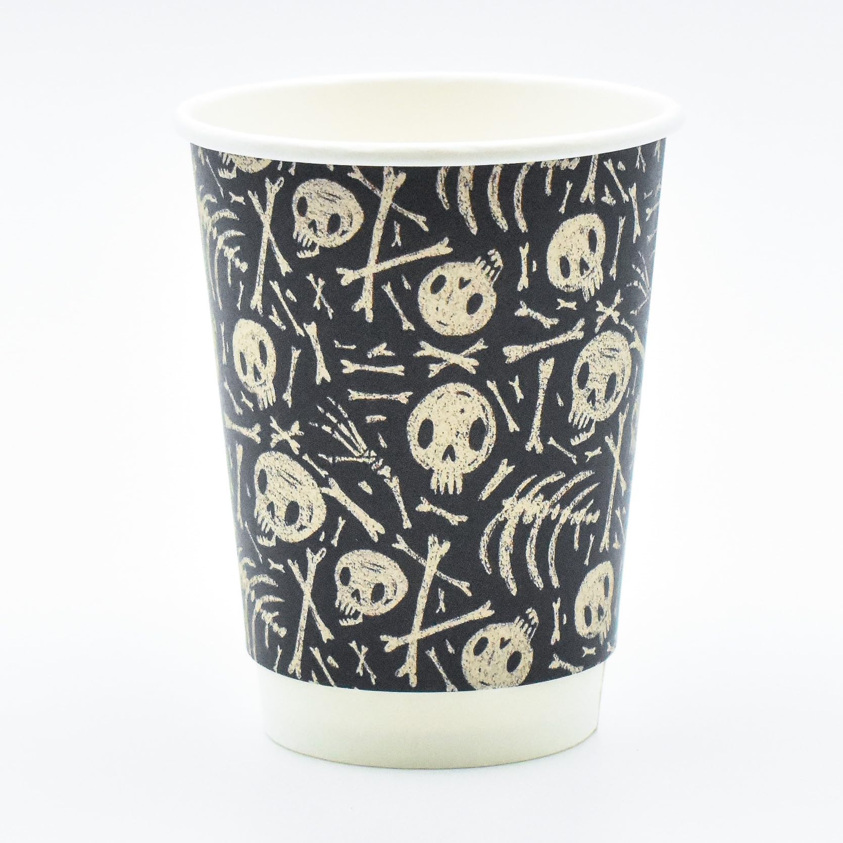 Skull & Bones Halloween 12oz Insulated Takeaway Cafe Party Disposable Printed Paper Cups (Black, 1000)