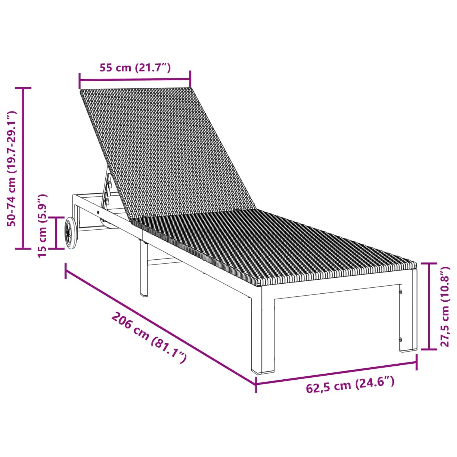 Leżak do opalania z polirattanu, czarny, ze stalową ramą, 206 x 62,5 x 74 cm, wielopozycyjne oparcie, leżak ogrodowy na taras, balkon, do relaksu i relaksu na urlopie