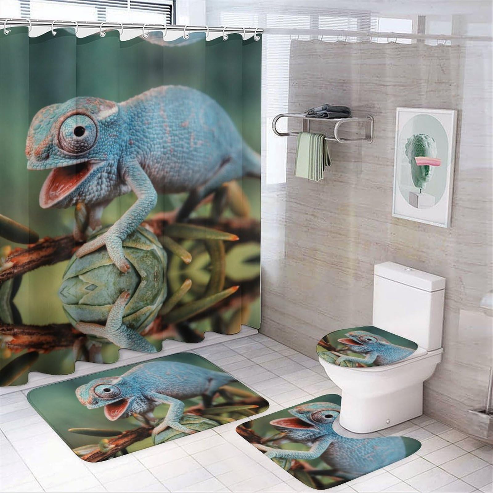 JZemdybill Bathroom Mat Set 4 Piece, Funny Chameleon Shower Curtain with Non-Slip Bath Mats for Bathroom