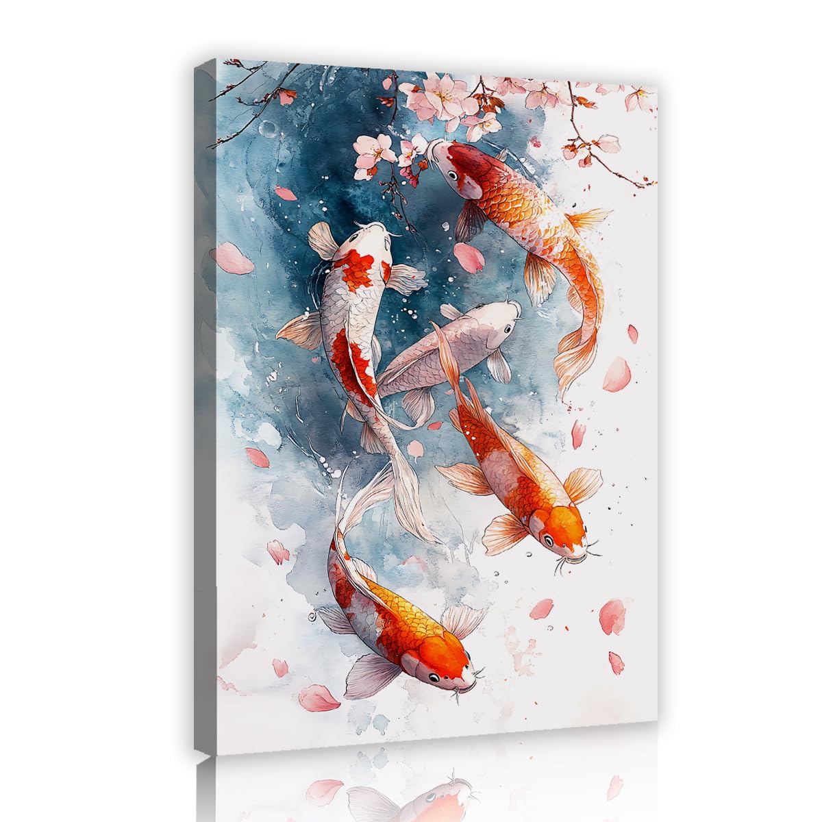 Via Vela Oriental Watercolor Koi Fish Wall Art Sakura Cherry Blossom Canvas Print Elegant Asian Floral Painting for Tea Room Spa Office 60x90cm