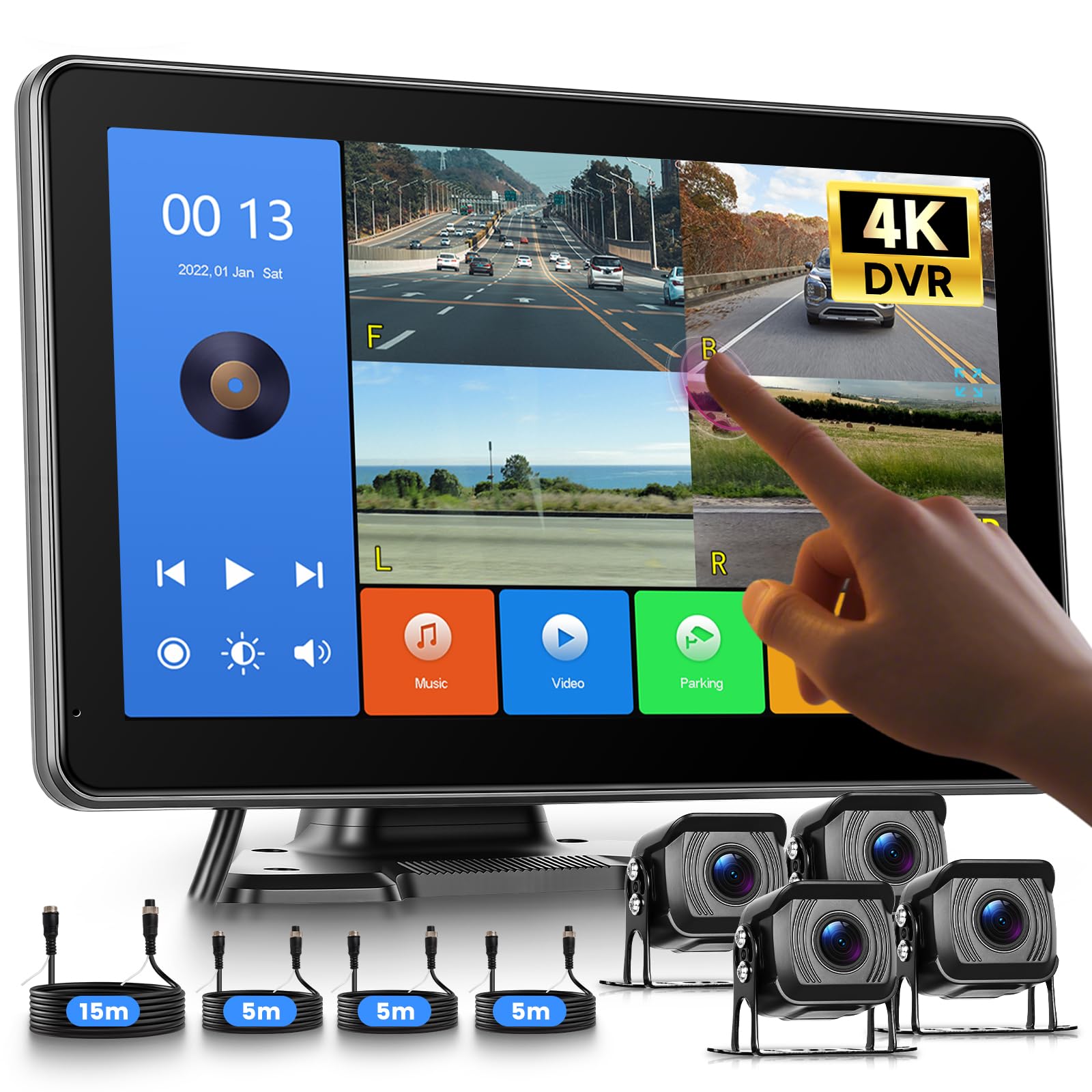 Hodozzy 4 Canali Telecamera di Retromarcia 4K Registrazione in Loop, Monitor Divise Touchscreen 10,1 Pollici con 4 Telecamere Posteriore Visione Notturna Telecamera, Telecamera Auto con BSD, Mirroring