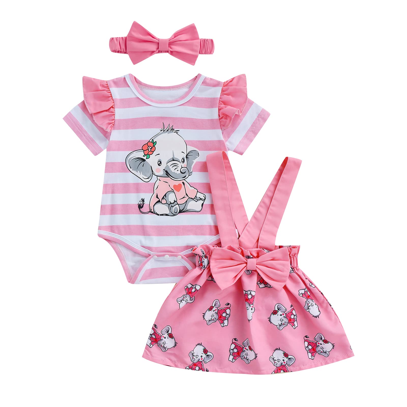 Newborn Baby Girl Elephant Outfit Ruffle Sleeve Suspender Jumpsuit Shorts/Skirt Set Infant 1st Birthday Summer Clothes (C Skirt Set Pink,9-12 Months)