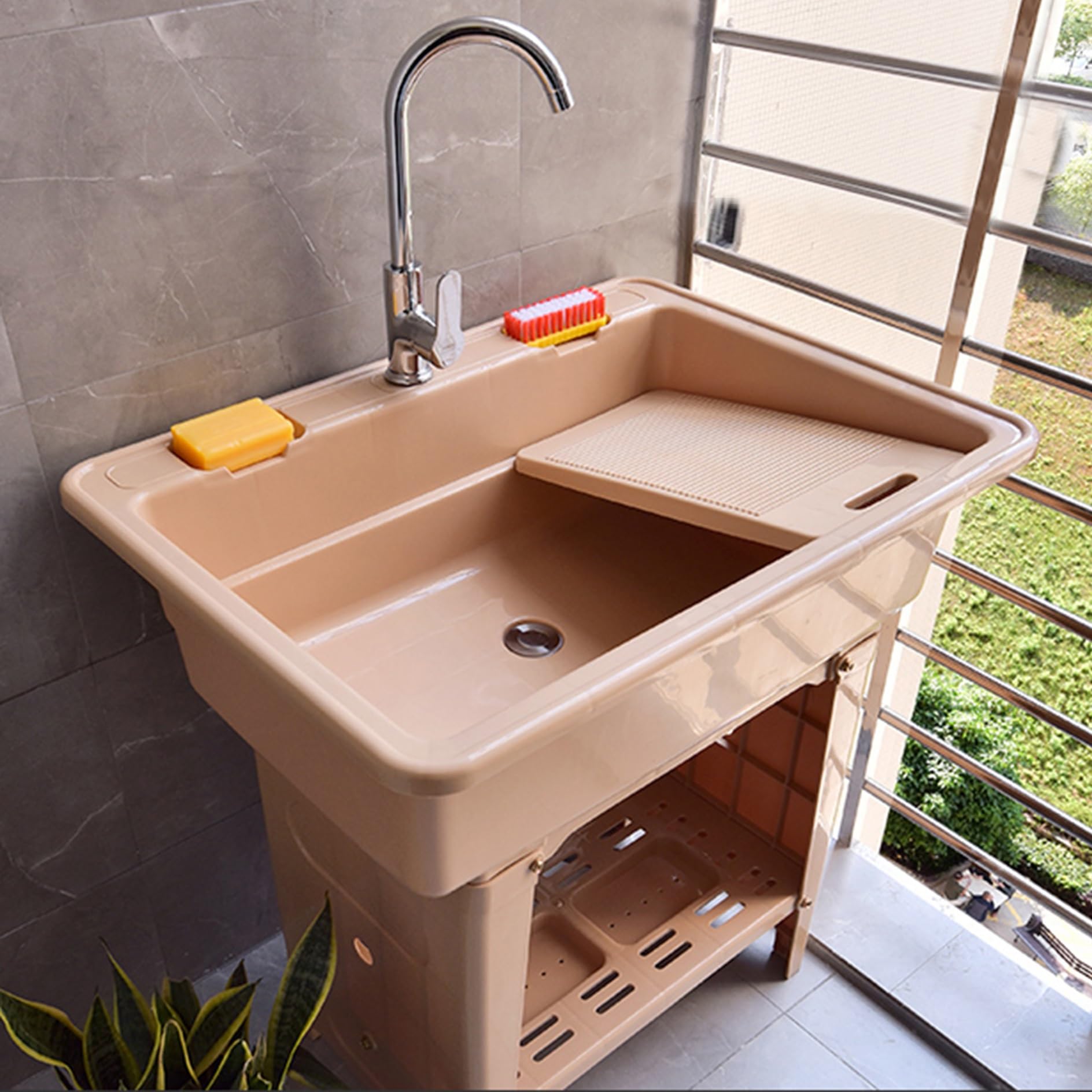 Fregadero Exterior Jardin de Plástico,Fregadero Portatil Camping,Pila de Lavar,Lavabo con Grifo,kit de desagüe,Pica Baño,Lavadero Ropa a Mano,para Interior,Garaje,Restaurante,Lavandería(Coffee color,8