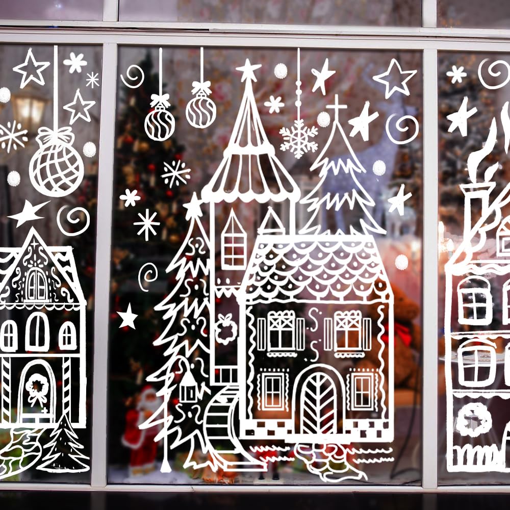 DIYDEC 4 Bögen große Weihnachts-Fensteraufkleber, weißes Haus, Schneemann, Schneeflocke, PVC, Winterlich, 40 x 70 cm, für Glas
