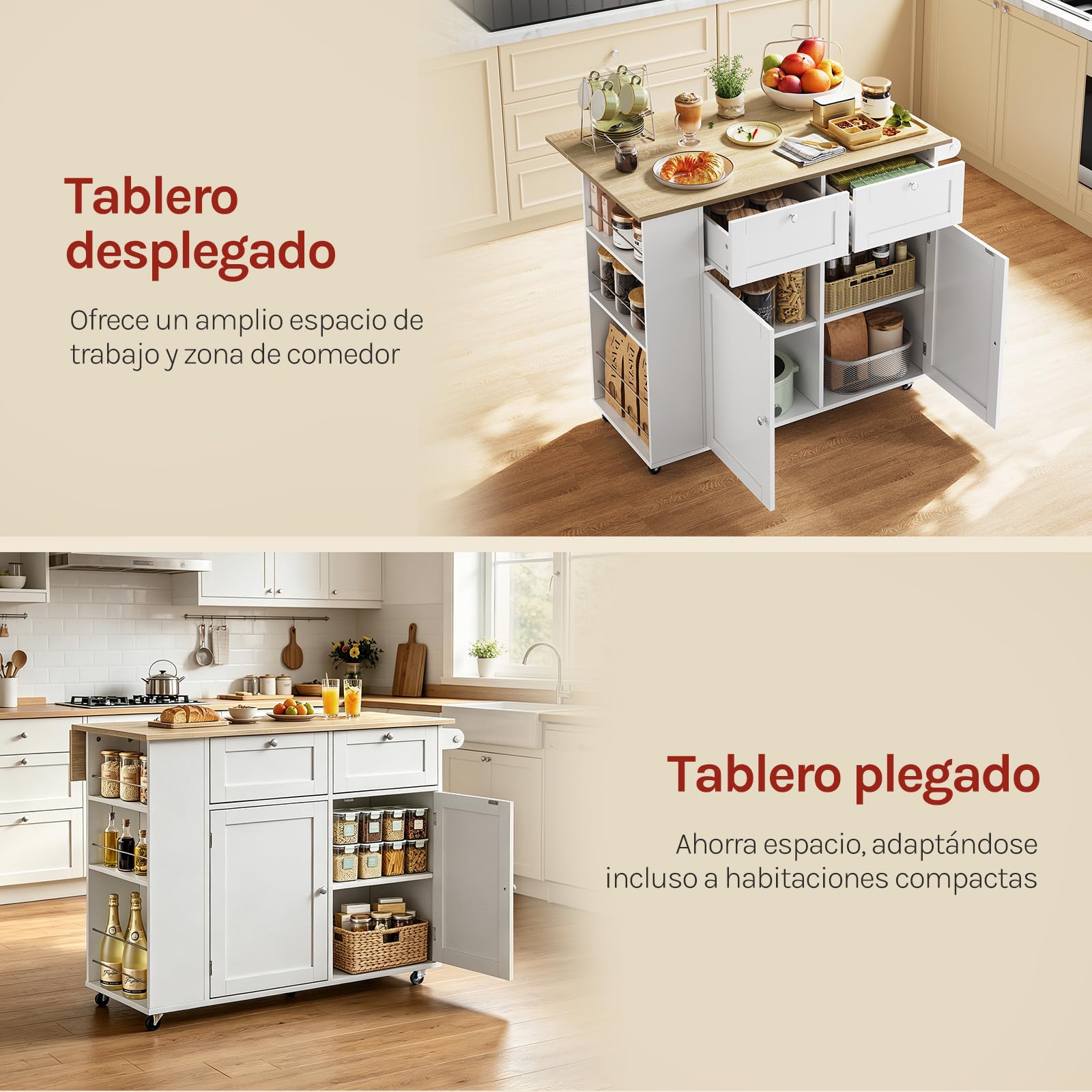 WOLTU Isla de Cocina con Ruedas, Carrito con Encimera Plegable y Estante Lateral, Aparador de Madera con 2 Cajones, 2 Puertas y 1 Toallero, para Cocina, Comedor, Roble Claro + Blanco