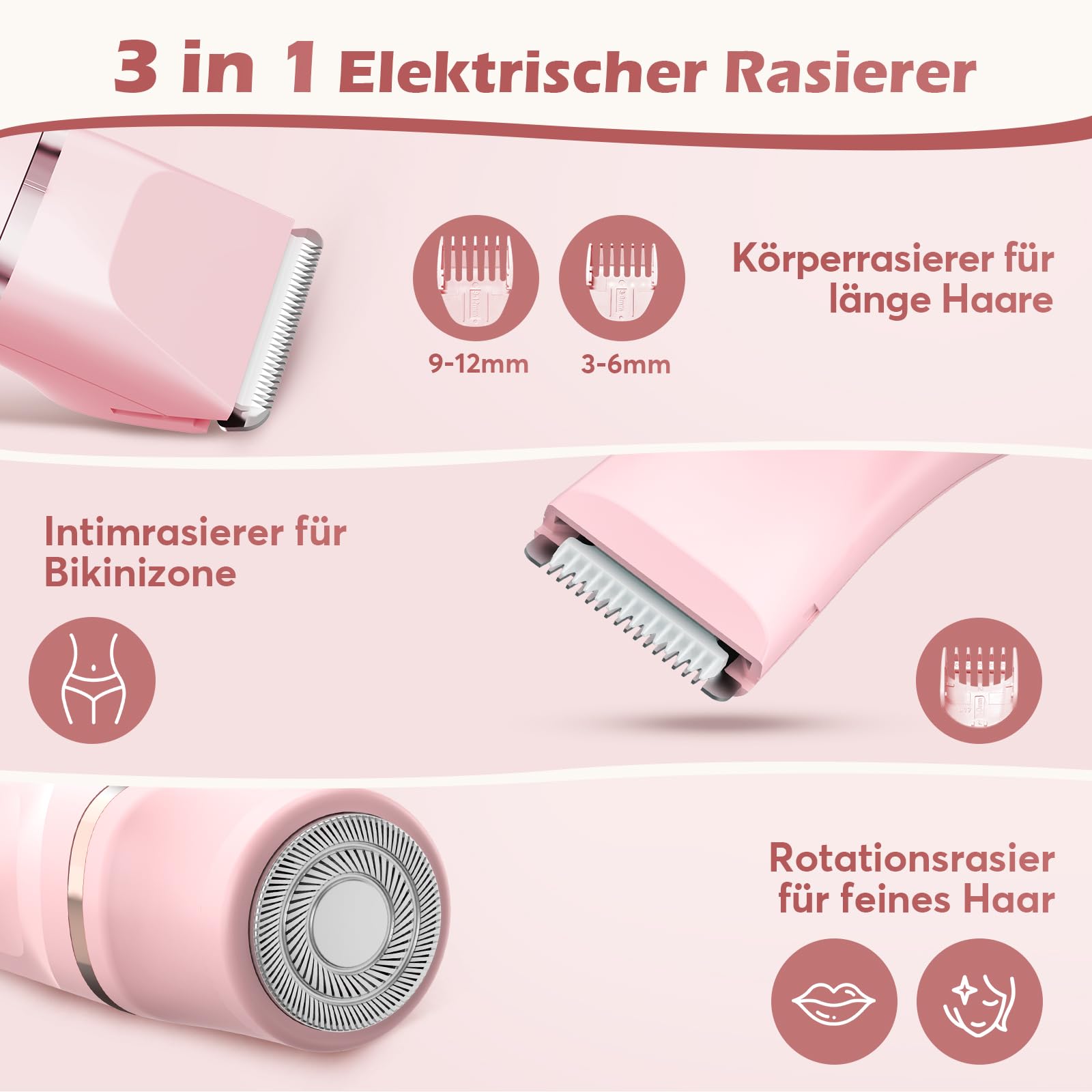 Intimrasierer für Frauen, Elektrischer Rasierer Damen mit 3 Aufsätzen, kabelloser und wiederaufladbarer Trimmer Damen für Intimbereich, Gesicht und Beine, Hautschonend & sanft(Rosa)