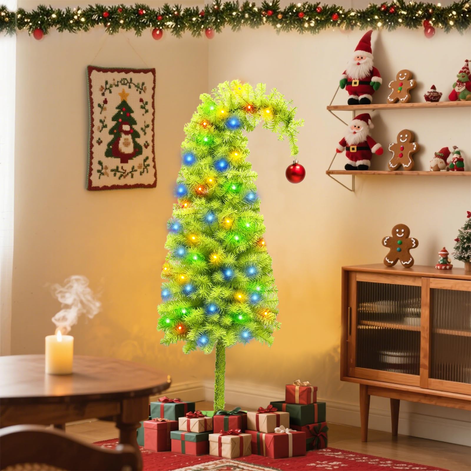 150cm Künstlicher Weihnachtsbaum mit Roter Kugelspitze Lichterkette, pop up decorated weihnachtsbaum mit beleuchtung, grinch Grüner weihnachtsbaum Christmas Tree, für Innen Außen Weihnachtsdeko (Grun)
