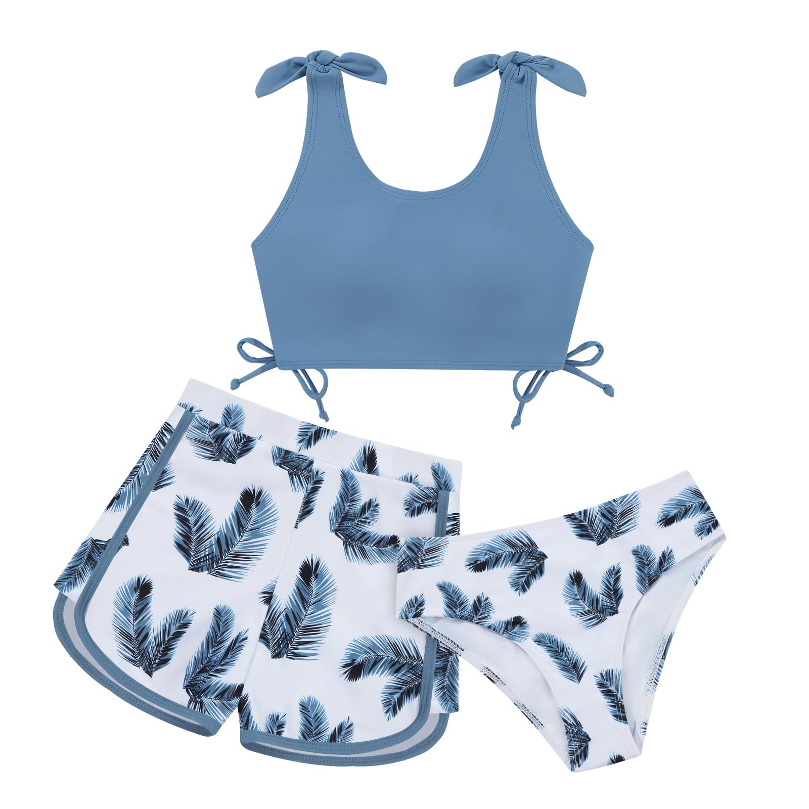 Weixinbuy Girls Swimsuit Bikini Set 3 Piece Kids Tropical Print Swimwear with Shorts Bathing Suit for Teens 9-16 Years