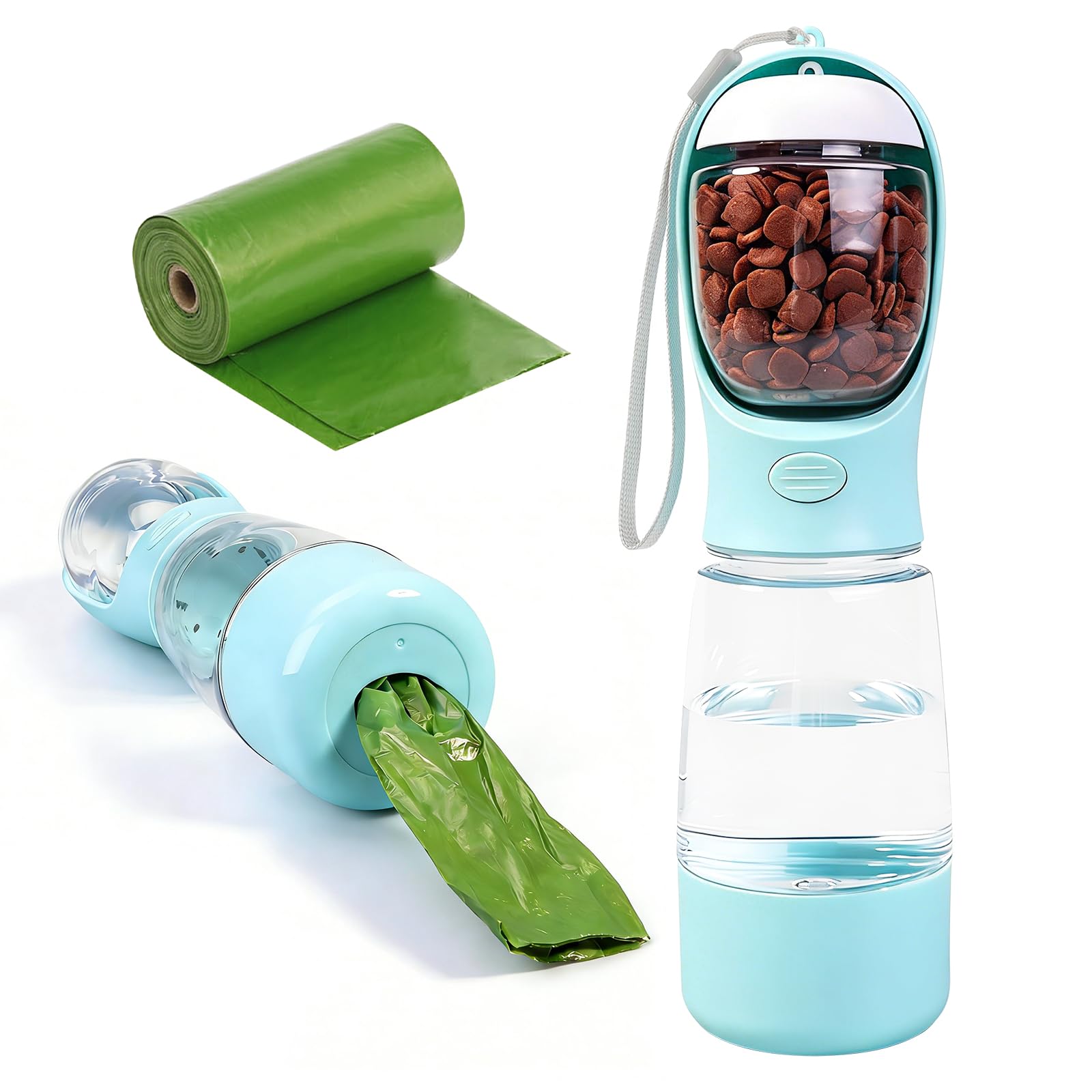 YINKIGI Portable Dog Water Bottle - 4-in-1 Pet Water Bottle with Food Container, Built-in Bowl and Waste Bag Storage, 400 ml & 150 g Capacity, Leakproof Design for Walking and Travel (Blue)