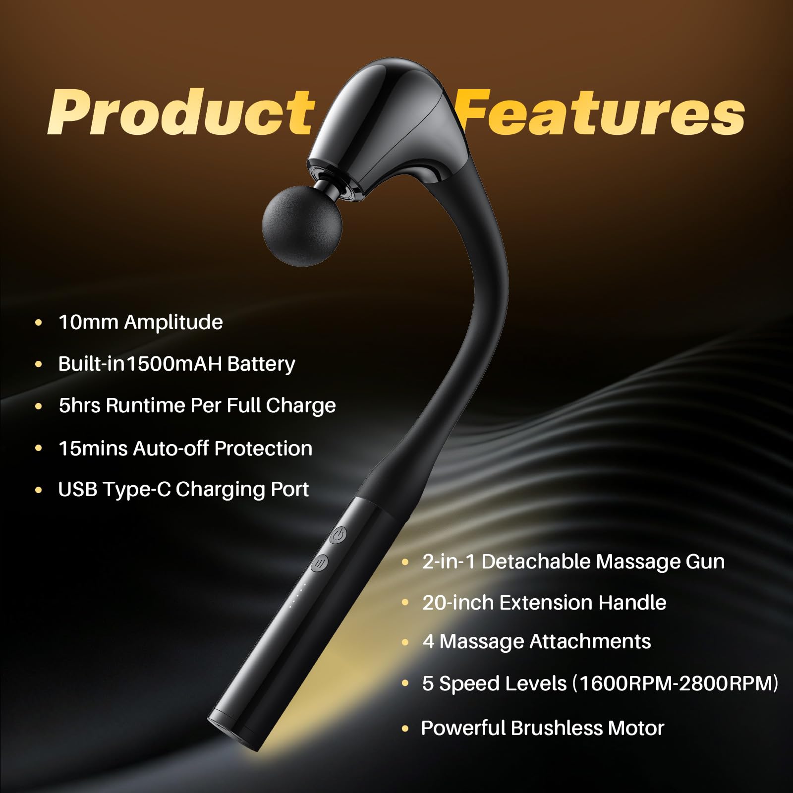 G4D - Pistola de fascia con mango largo desmontable en forma de U, percusión de tejido profundo de 10 mm, motor sin escobillas, hasta 2800 RPM, carga rápida tipo C, incluye 4 cabezales de