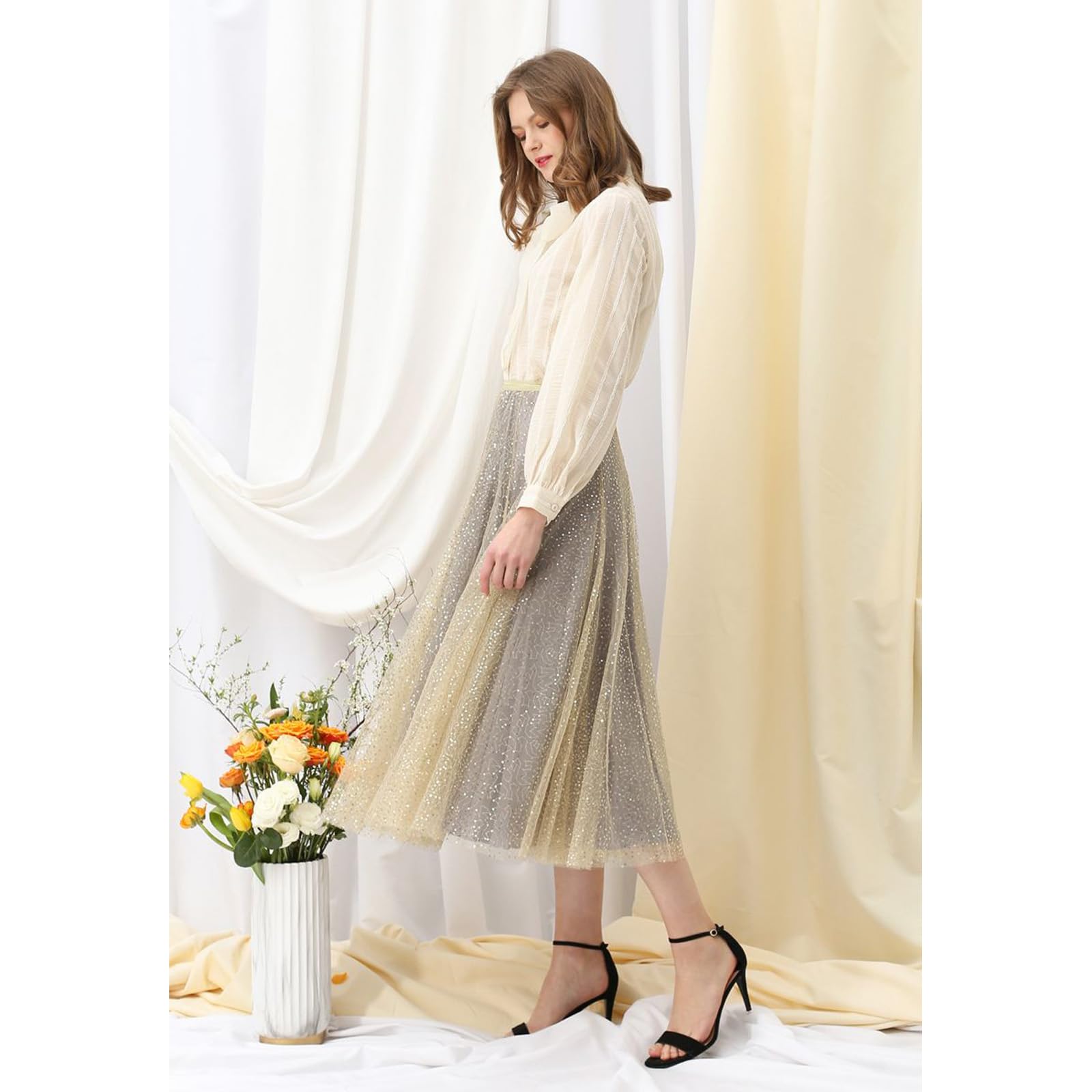 CHICWISH Faldas de tul con lentejuelas para mujer, cintura elástica, plisada, falda midi con capas brillantes, faldas tutú de hadas