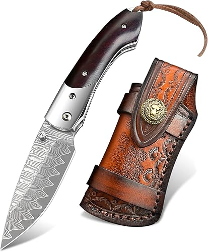 NedFoss Swordfish - Cuchillo de bolsillo de Damasco para hombre, hoja de acero de Damasco forjado hecho a mano con funda de cuero retro, mango de