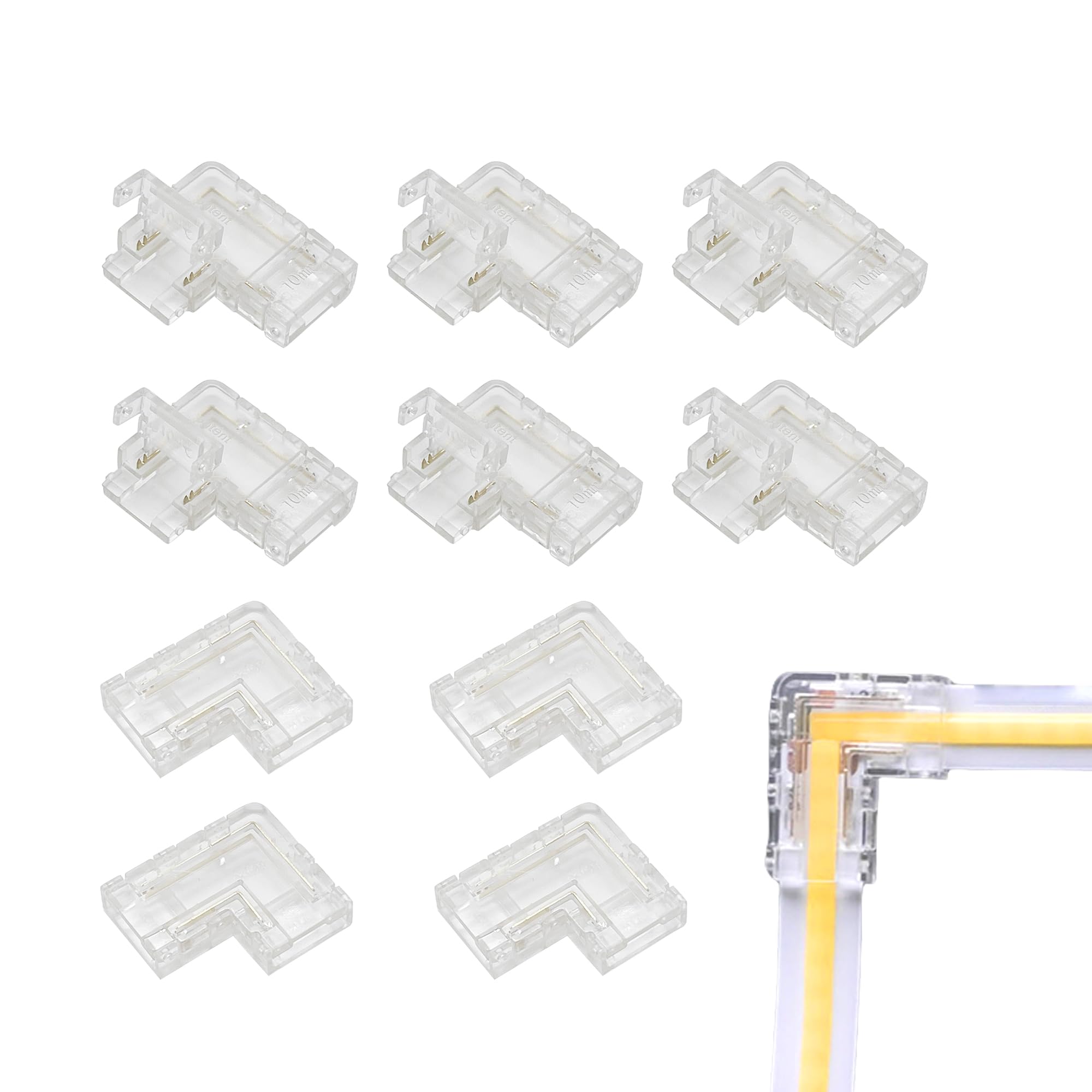 Clearhill White L-Shape 2Pin Transparent Solderless Cob Led Strip Connectors,10Mm - 90°Right Angle Corner Joints For 5V 12V 24V Single Color Led Strip Lights (10Packs) - Seamless Corner Connection.