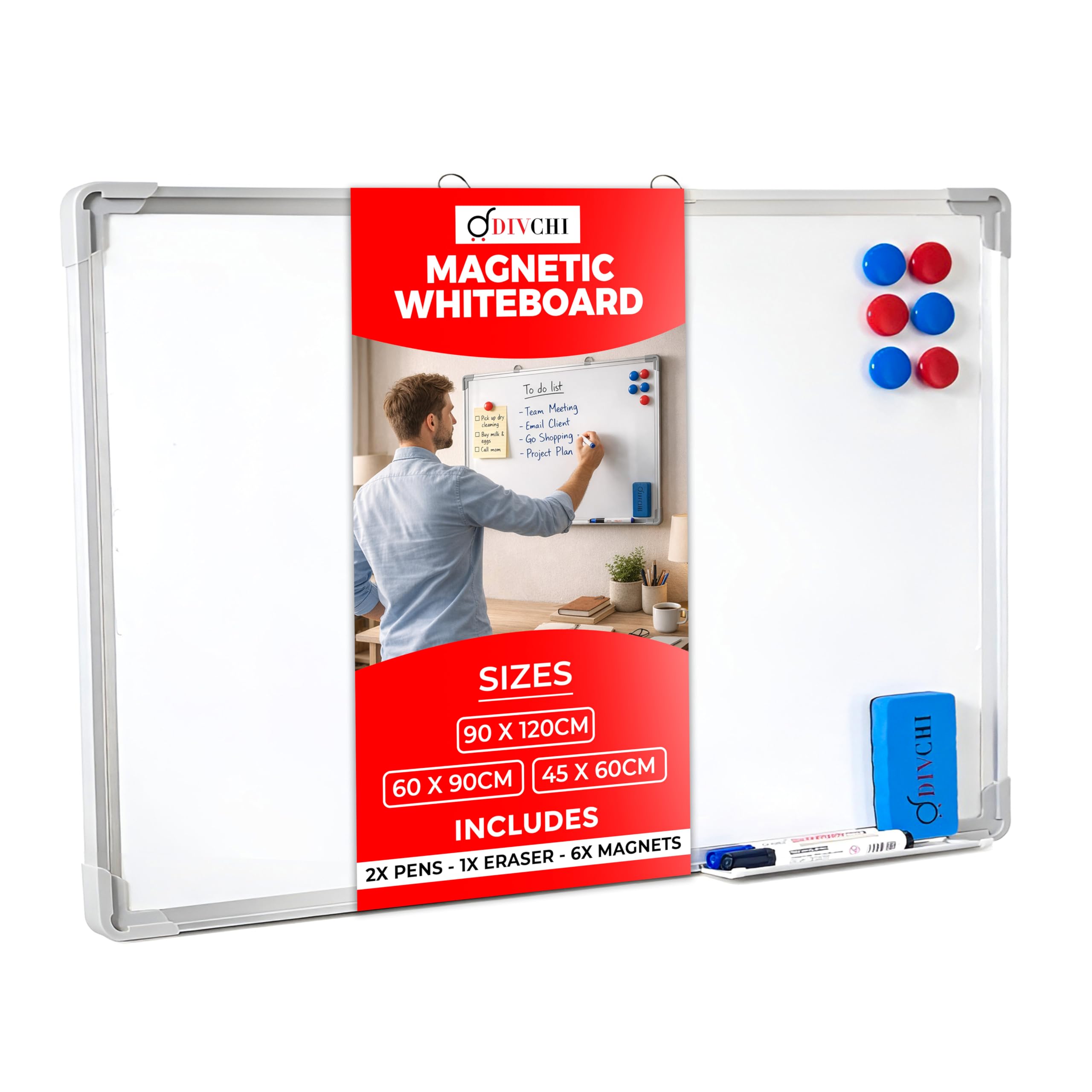 DIVCHI Magnetic Whiteboard for Wall – Dry Wipe Board with Aluminum Frame & Pen Tray | Dry Erase Writing Board for Home, Office & School (45 x 60 cm)