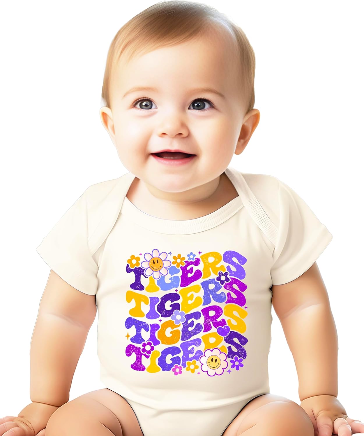 Olive Loves Apple Trendy Purple Tigers Team Shirt & Baby Bodysuit for Women, Teens & Girls Tiger Mascot Graphic Tee