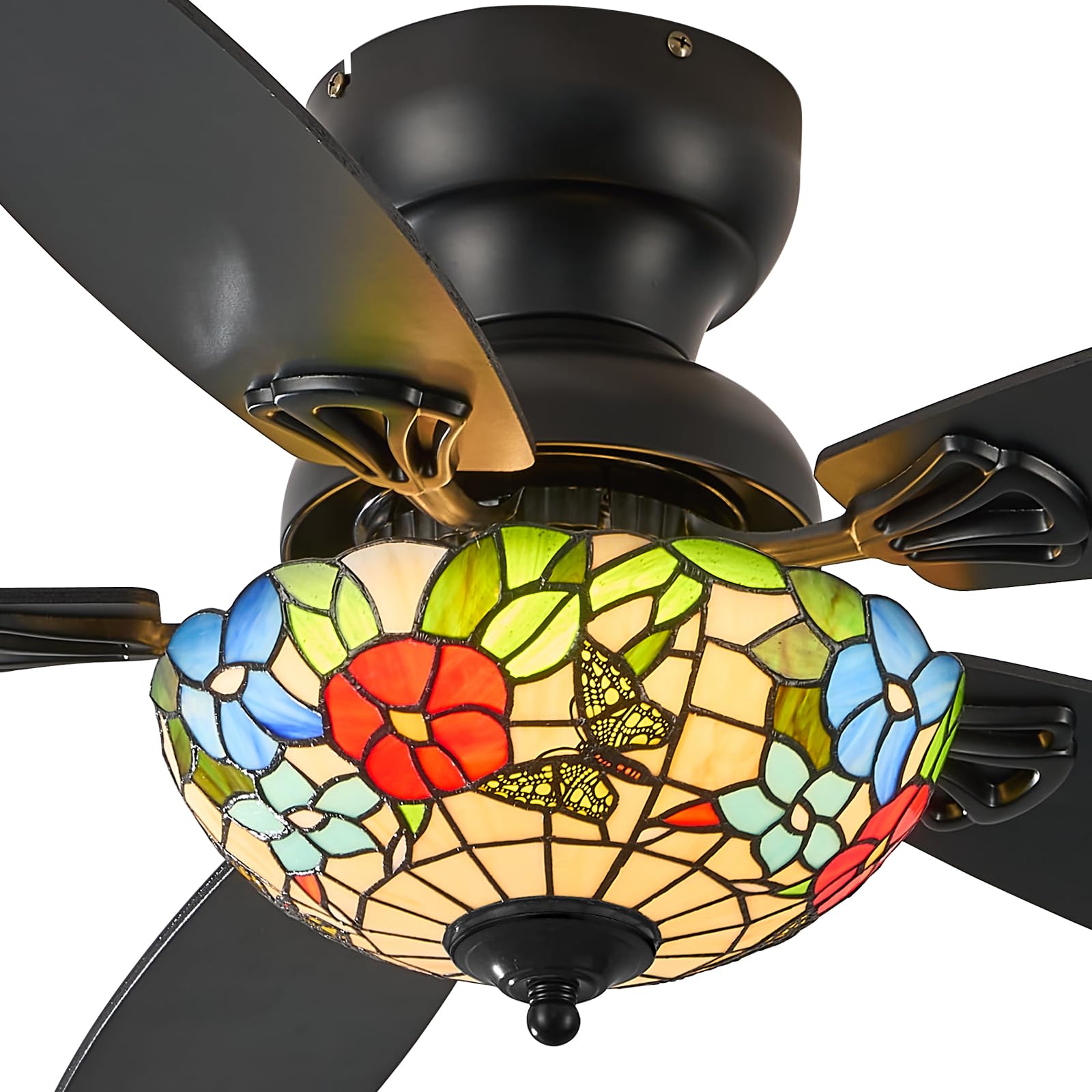 Photo 1 of Yanokooe Tiffany Ceiling Fans with Lights - 48" Ceiling Fan Chandelier with 5 Dual-Blades and Glass Shade, 6 Speeds and Reversible, Indoor and Outdoor, Retro Style
