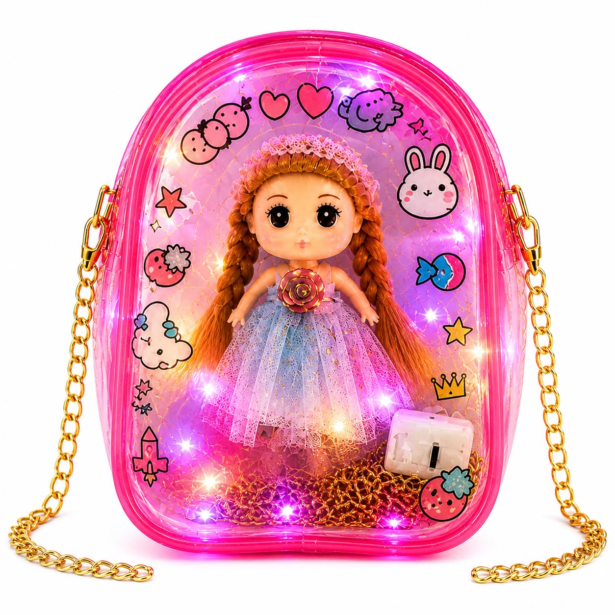 Girls Transparent Sling Bag with LED Lights and Doll, Purple, Chain Strap, 15 x 10 cm-image-19