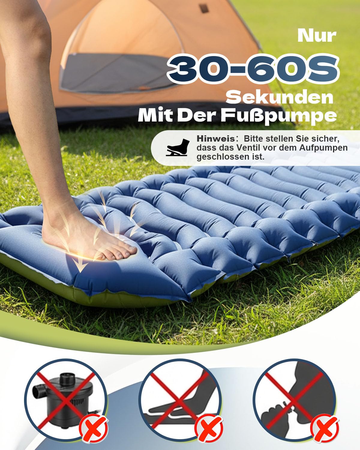 Isomatte Camping,Ultraleichte Isomatte Aufblasbar mit Integriertem Kissen & Fußpumpe, Kompakte Camping Schlafmatte Wasserdicht für Trekking, Backpacking, Reisen und Zelt