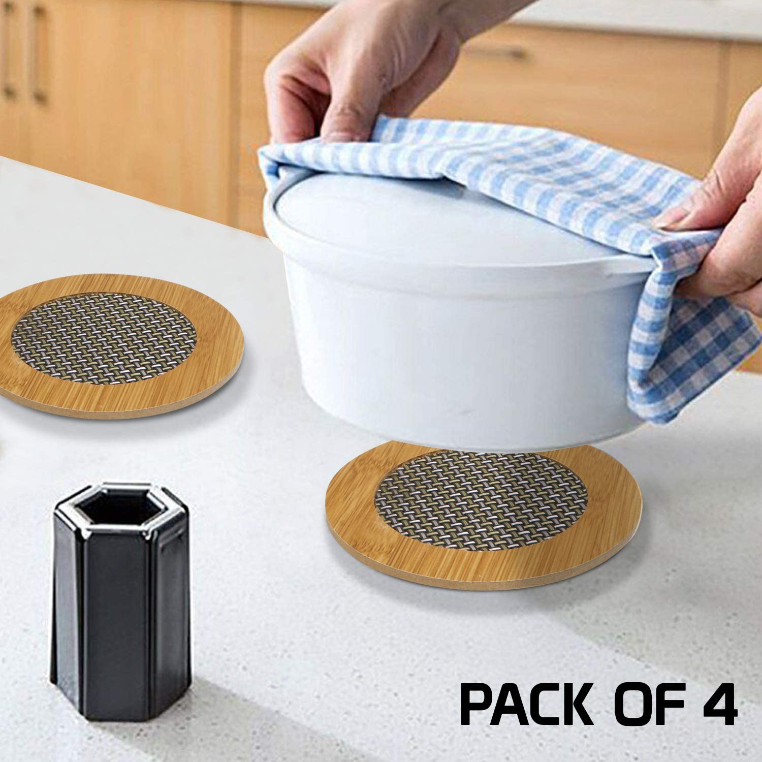 Dhamee Round Shape Bamboo Wooden Coaster Heat Table Pad, Pot Holder, Dining Table, Hot Utensils, Bowl,Tea Cup, Office, Home, Bedroom 3