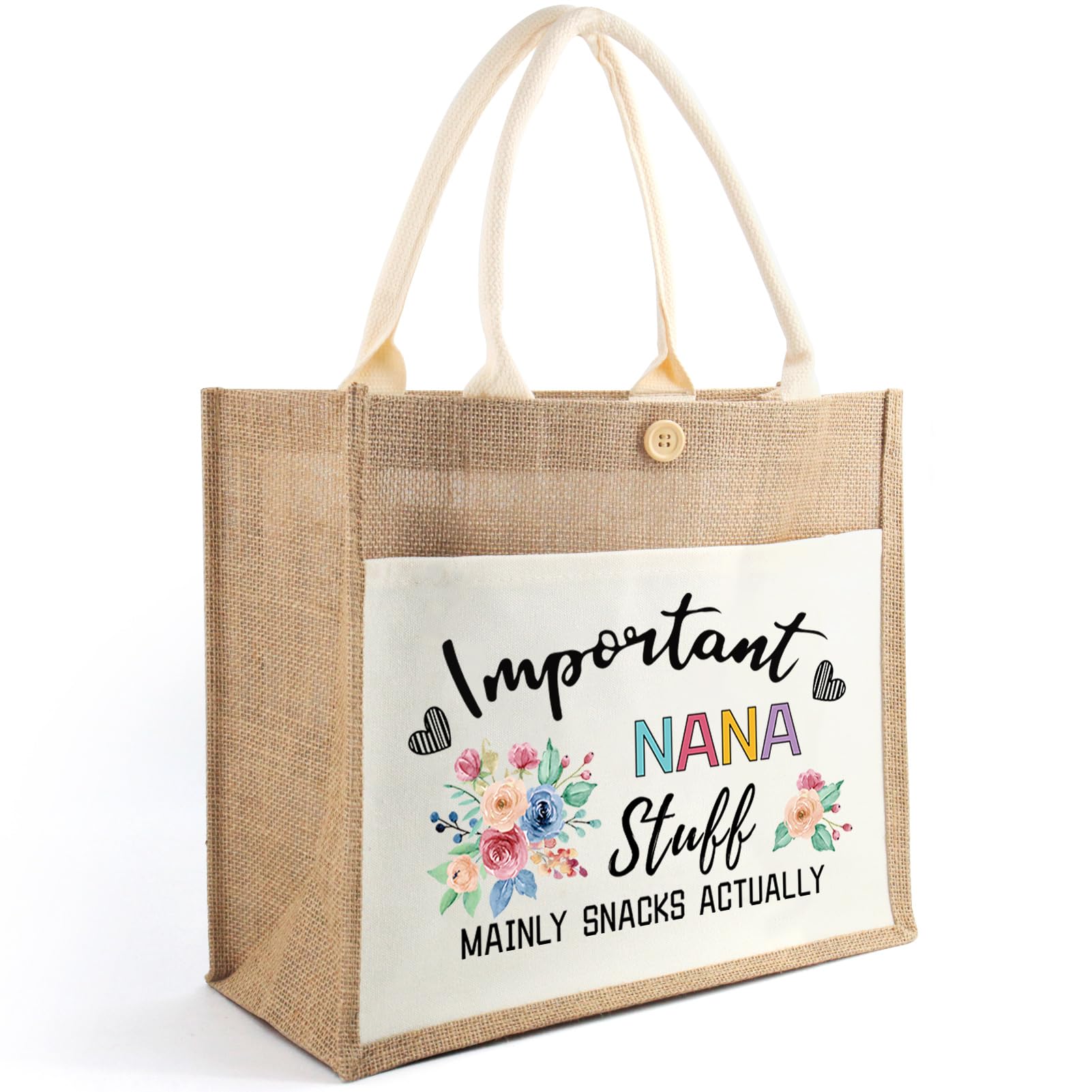 Tarklanda Important Nana Stuff Jute Tote Bag, Funny Nana Shoulder Bag, Grandmother Reusable Shopper Bag, Nanny Gift, Grandma Gift, Ideal present for Mother’s Day, Birthdays, Chrismas, Nana's Day