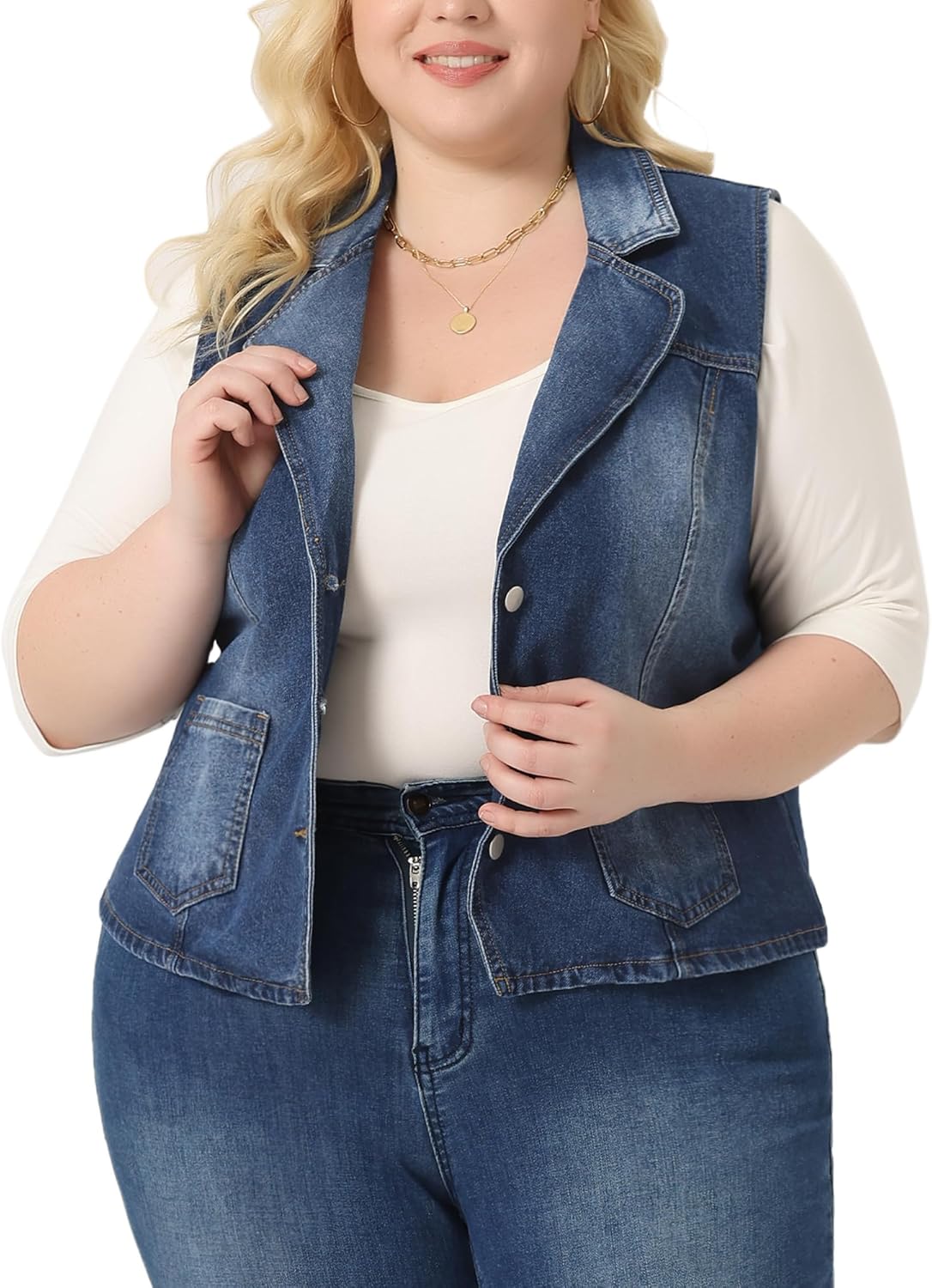 Agnes Orinda Plus Size Denim Vest for Women Lapel Sleeveless Button Down Classic Jean Jacket Vest