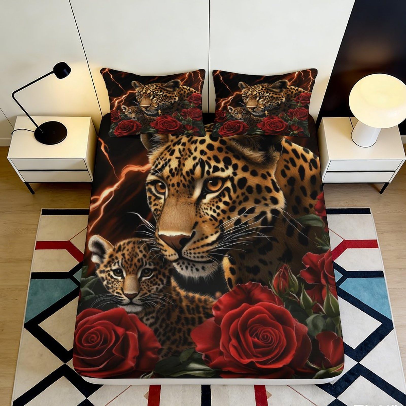 Decorative leopard rose 3D Printed Fitted Sheet, Microfiber soft touch, guest room bedding, wrinkle resistant, stylish accent, home decor, dustproof, easy care 90x200x25cm