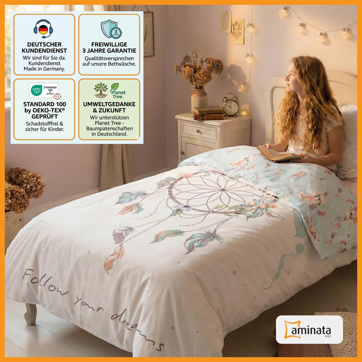 Aminata kids Bettwäsche Traumfänger 135x200 Biber 100% Baumwolle Dreamcatcher | türkis - Mädchen | warme & weiche Kinder-Wende-Bettwäsche
