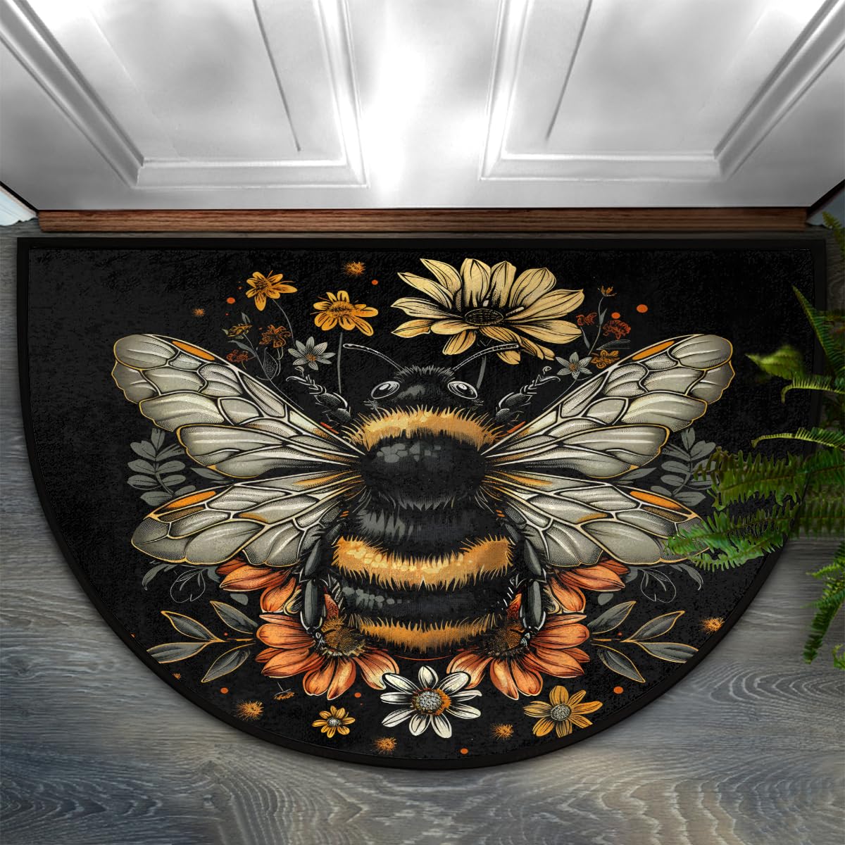 Half Round Doormat Bee Flower Black Washable Semi Circle Mat Non Slip Absorbent Half Moon Rugs for Indoor Outdoor Entrance Kitchen Bathroom Bedroom