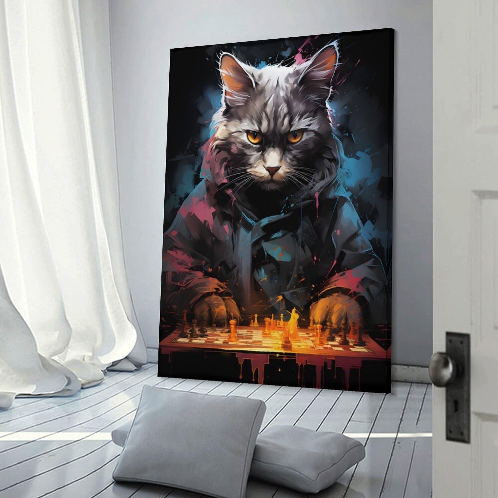 Junmoney Wall Decor Canvas Print Strategic Cat Chess Master, 08x12inch(20x30cm), for Bedroom, Lounge Or Dressing Area, Stylish Decor for A Restful Room Update