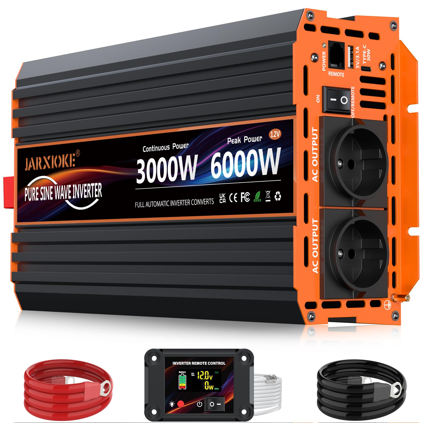 Convertisseur 12V 220V Pur Sinus 3000W/6000W Onduleur Transformateur de Tension Inverter avec écran LCD Télécommande & 2 Prises EU & Ports USB 3,4 A & Port de USB-C pour Camion,Camping-car park,Voyage