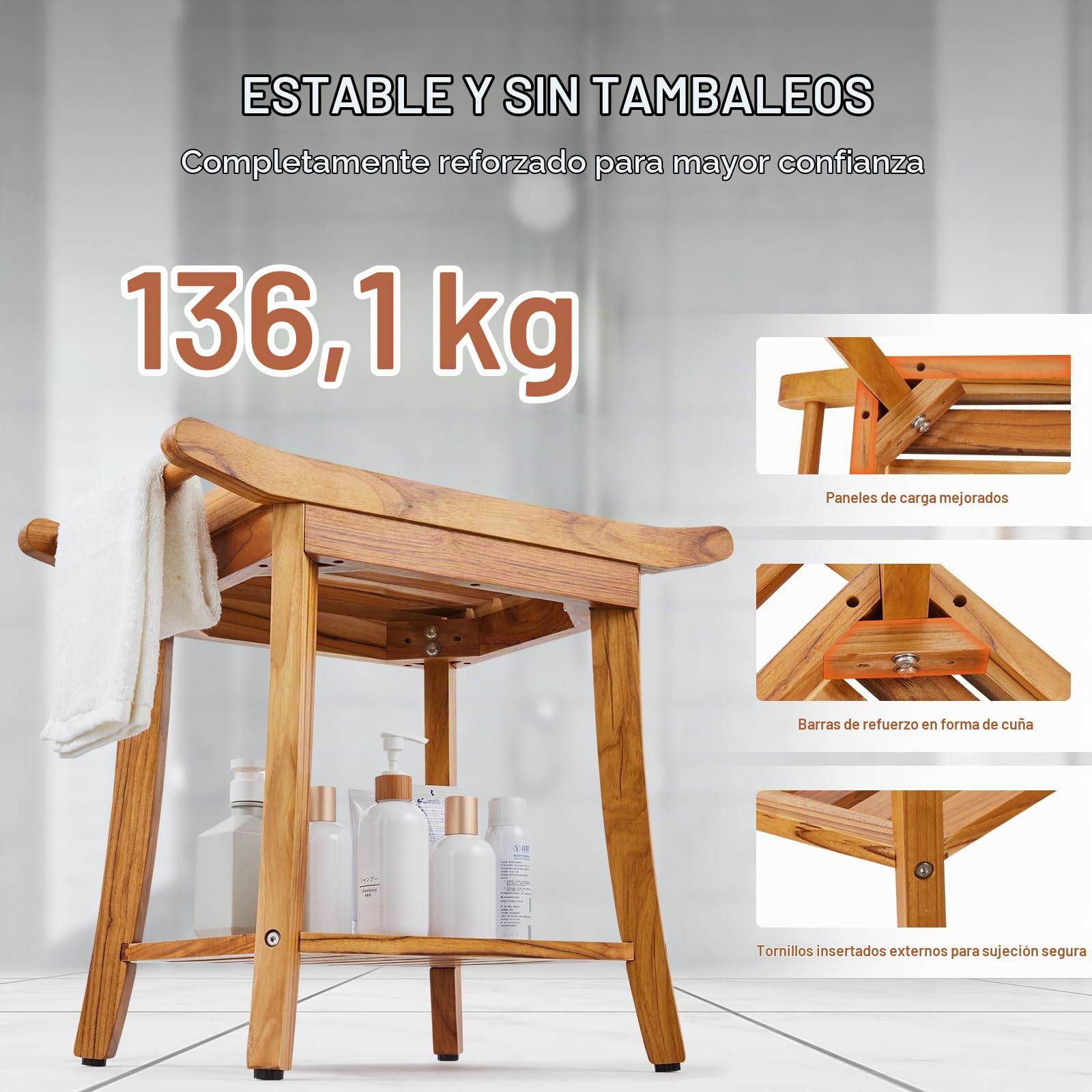 VEVOR Banco de Ducha de Teca de Madera Resistente al Agua con Estante de Almacenamiento, Asa y Patas Antideslizantes, Carga Máxima de 136,1 kg, para Uso en Interiores y Exteriores 560 x 365 x 470 mm