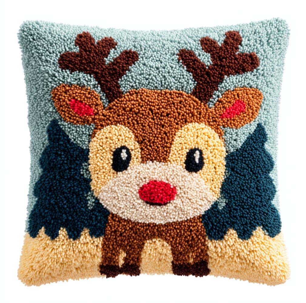 AxiangziK Latch Hook Kits for Adults,Cartoon Deer Latch Hook Pillow Kits 17X17 Inches DIY Needlework Crafts Everything Included Gift for Family Friends