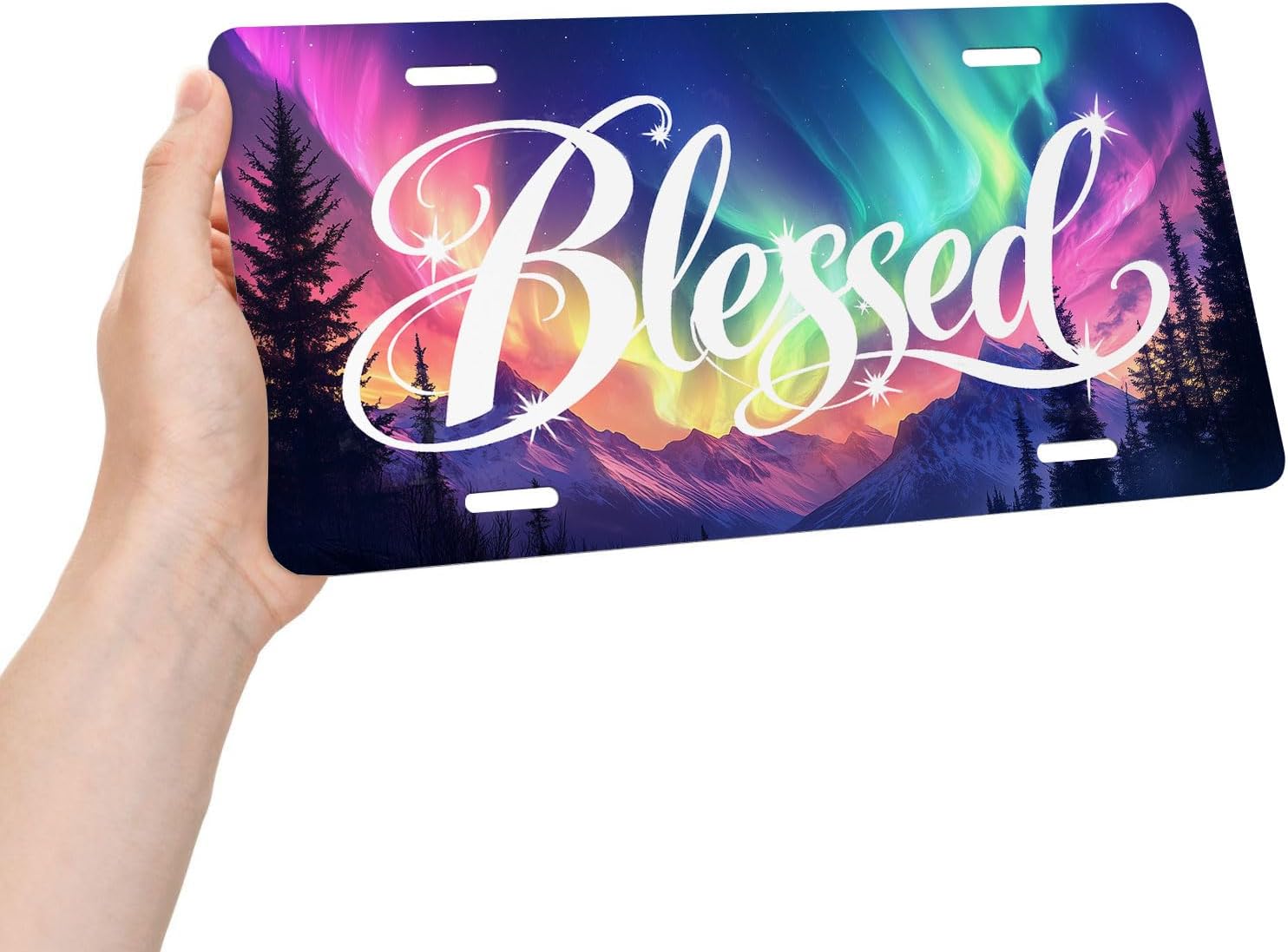 Blessed Front License Plate for Women Northern Lights Mountain Inspirational Car Vanity Plates Decorative Aluminum Metal Cute Novelty License Plate Cover for Men 6x12 Inch (4 Holes) image 4