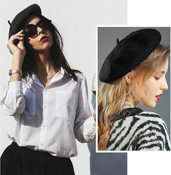 Black Beret, Beret Hat Women and Man, Classic French Style Unisex Wool Blend Hat for Women and Men, Vintage Fashion Accessory for Travel, Photography, and Daily Wear, Adjustable Fit 22.05-22.83 in