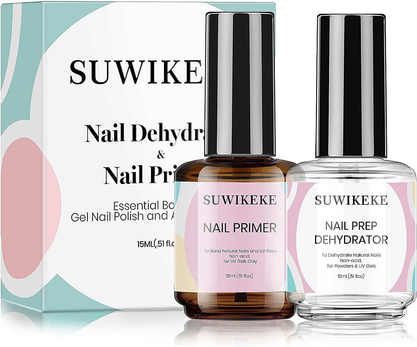Nail Dehydrator and Primer, 2 Pcs 15ml Nail Primer and Dehydrator, Acid Free Nail Prep Fast Drying Gel Primer for Nails