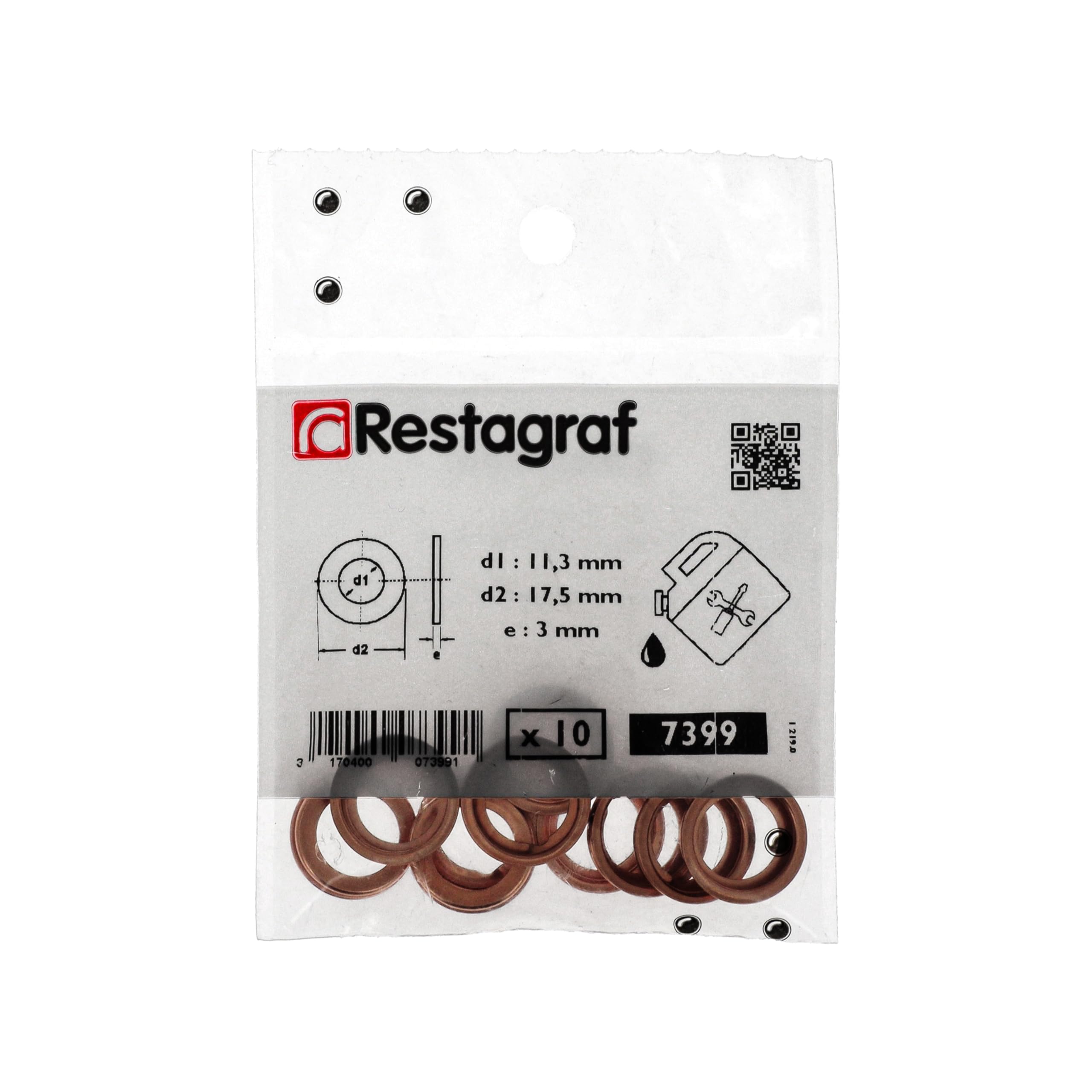 Joint Bouchon Vidange Restagraf 14x25x2 Mm Réf. 7378 Cuivre - Compatible Alfa Romeo Fiat Opel Renault - Lot 10