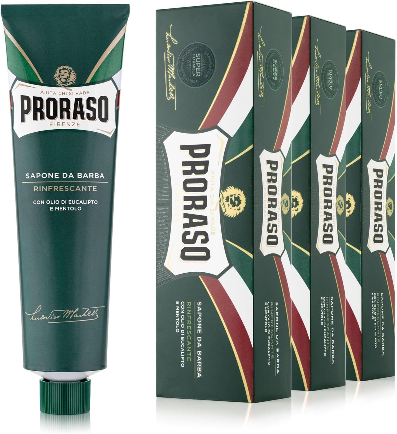 Proraso Sapone da Barba in Tubo Rinfrescante, 3 x 150ml, Sapone barba denso, cremoso e arricchito con Olio di Eucalipto e Mentolo, Made in Italy