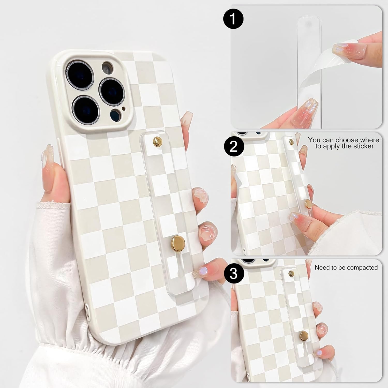 NITITOP Compatible with iPhone 14 Pro Max Case with Wrist Strap Kickstand Cute Trendy Checkerboard Plaid for Women Girls Slim Fit TPU Silicone Shockproof Full Camera Protective Cover - White - Image 2