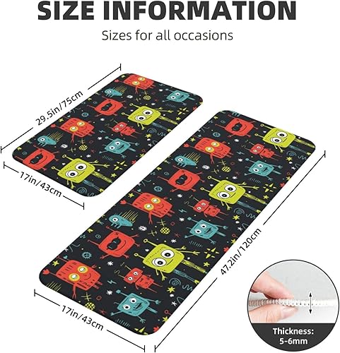 Miniatura 6 de Alfombrillas de cocina antifatiga para piso, 2 piezas, diseño de robots de colores de dibujos animados, lavables, antideslizantes, alfombra de pie