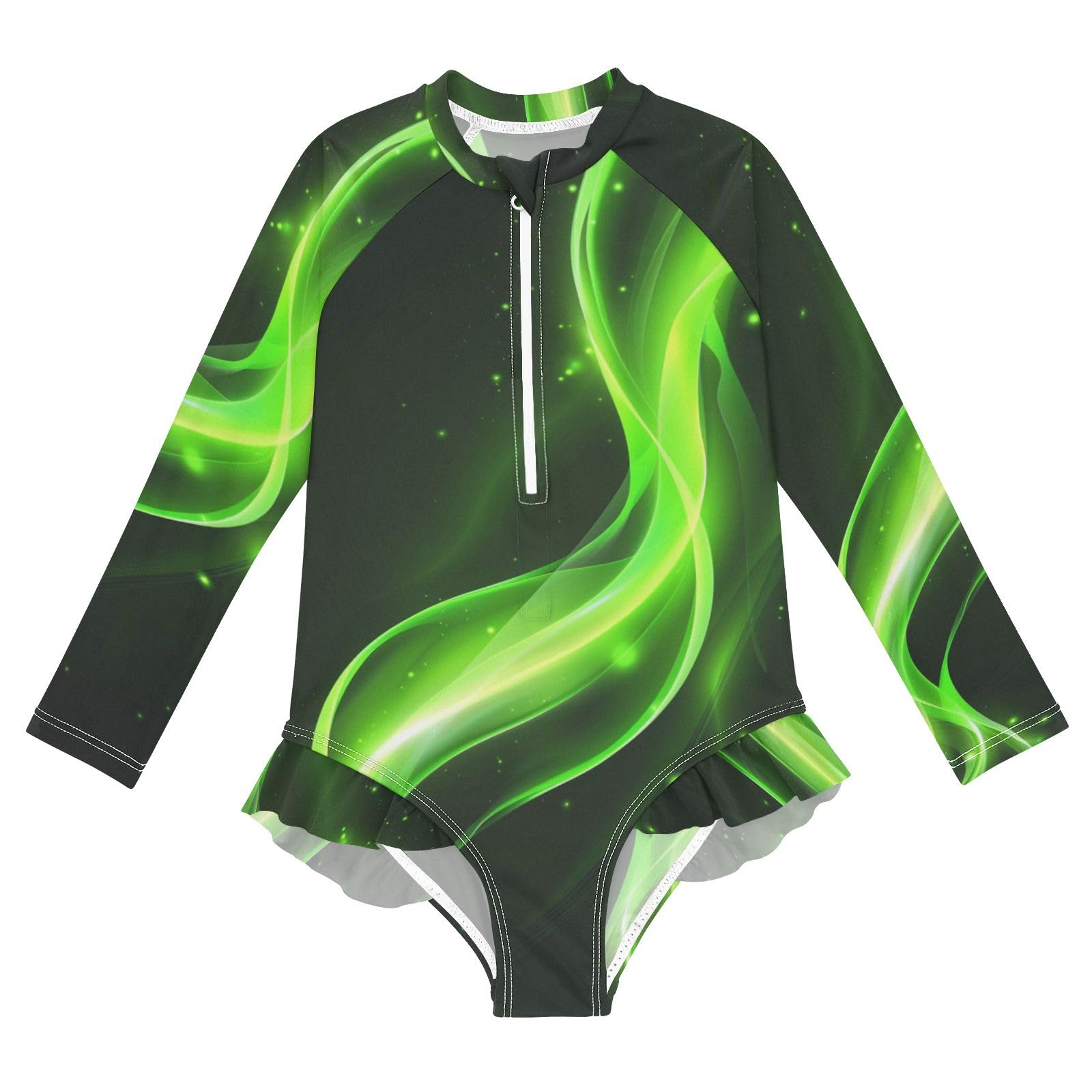 ALAZA Swimsuit for Girls Long Sleeve Rashguard Bathing Suit Green Light Wave Quick Dry 4T