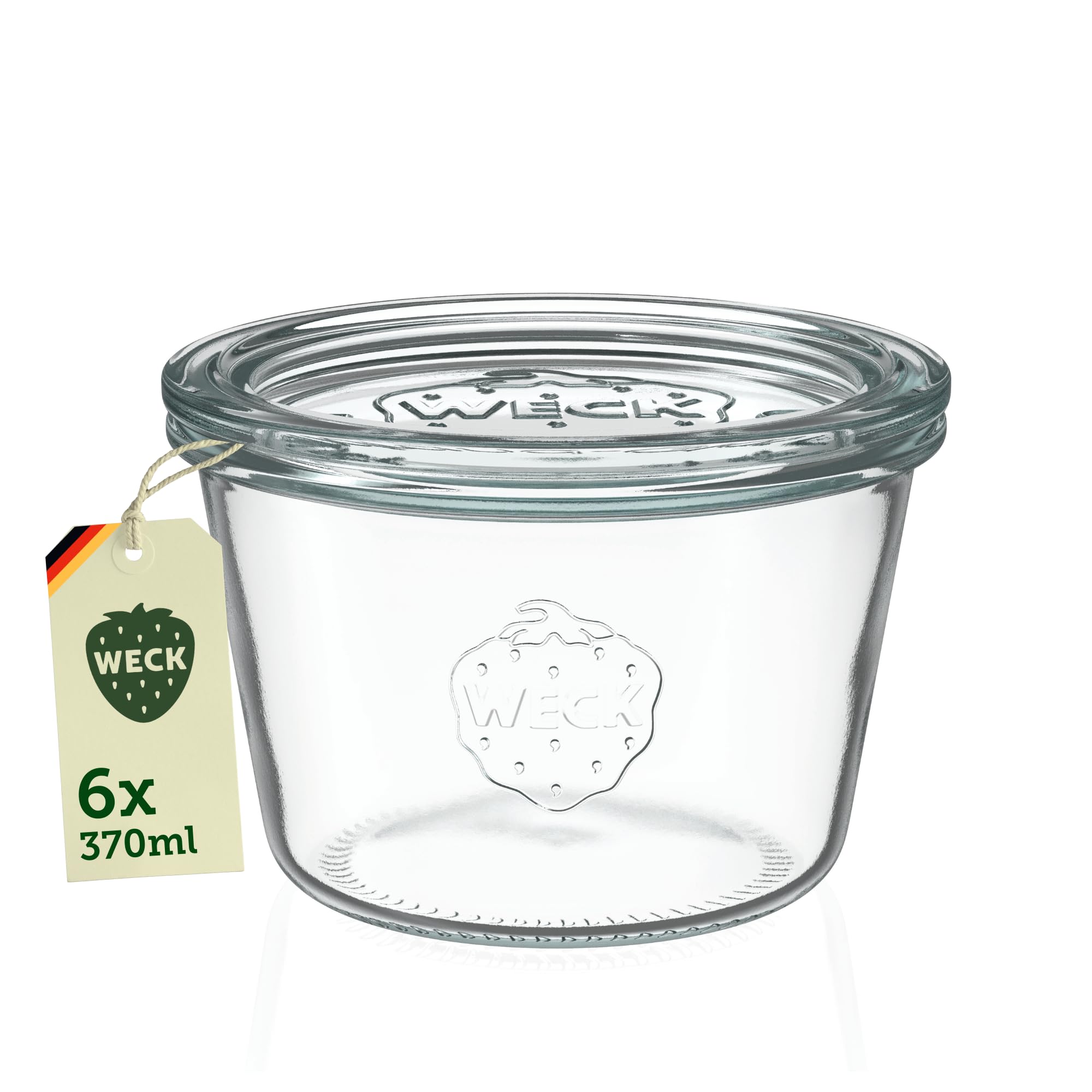 Weck Lot de 6 bocaux en verre de 370 ml avec couvercles – Forme chute – Bocaux de conservation et de conservation empilables robustes – Idéal pour Meal Prep, Overnight Oats, Dessert et confiture