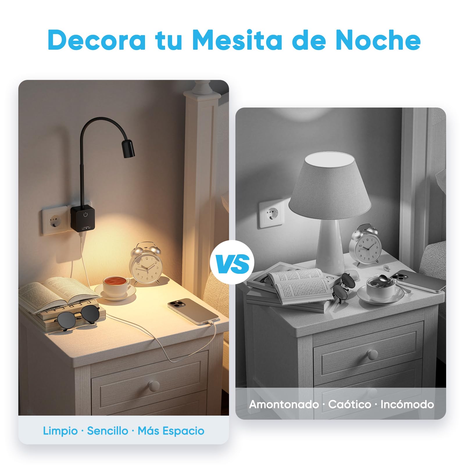 Lamparas Aplique Lectura de Pared Foco LED Regulable con Enchufe e Interruptor Tactil, Puertos de Salida USB, 2 Pack Lamparas Negra para Dormitorio Sala Cocina, 3 Temperatura de Color