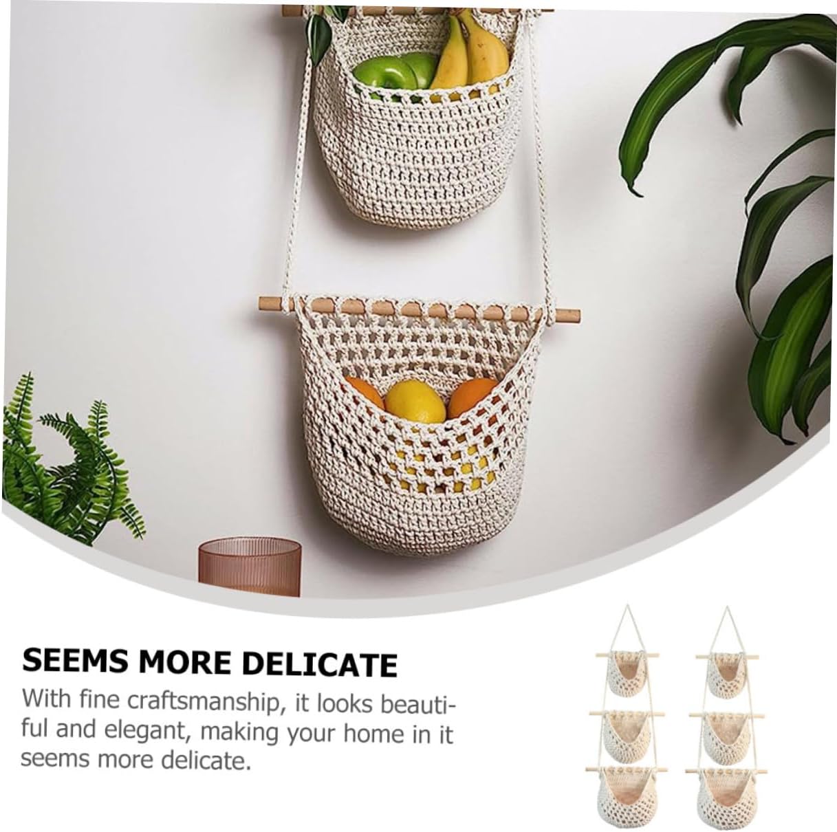 2Pcs Hanging Woven Basket for Fruits Vegetables Multi Functional Rope Storage Organizer for Kitchen Living Room Ventilated Design