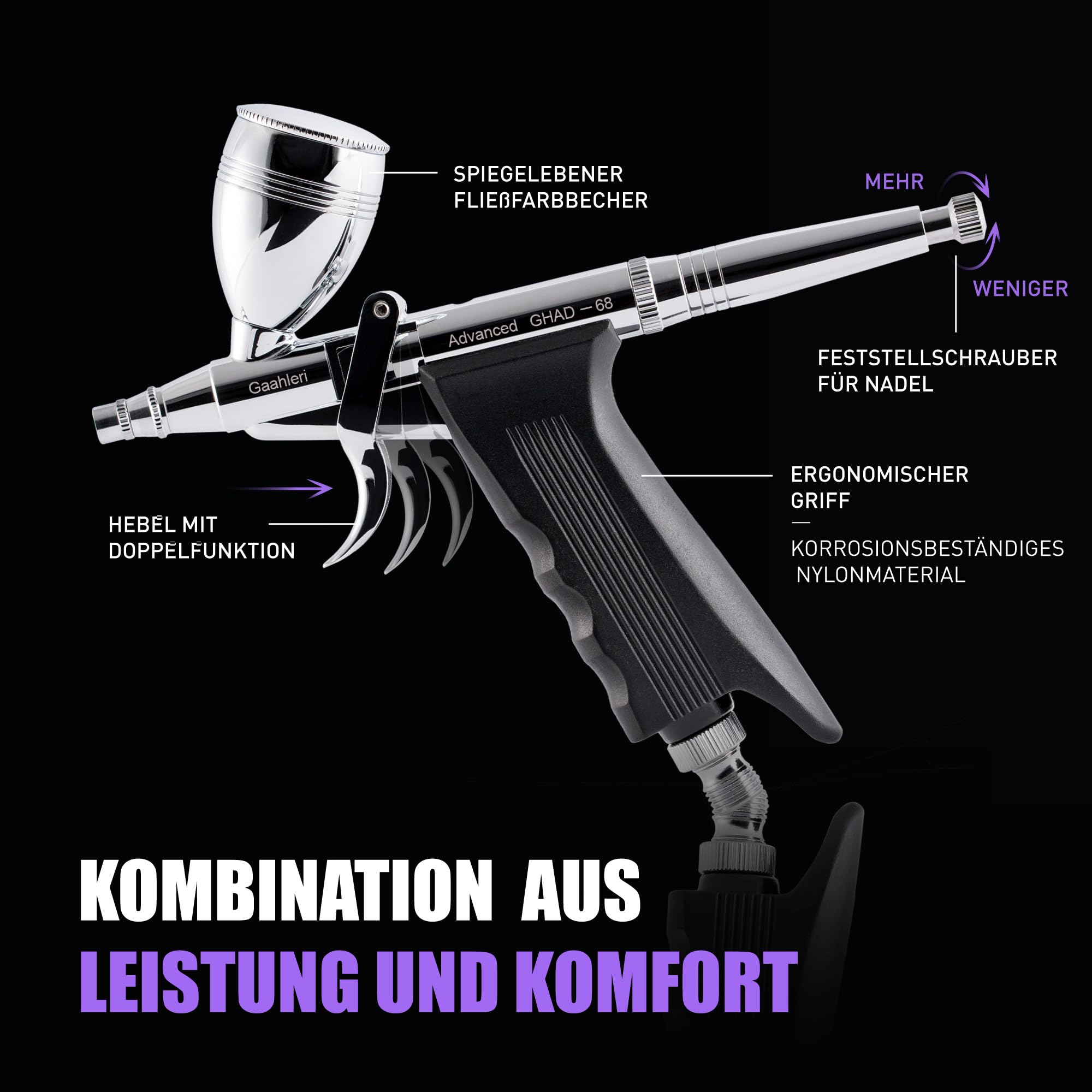 Gaahleri Airbrush-Set Dual-Action Schwerkraftzufuhr 0,38 0,5 mm Nadeln 1/2 1/4 Unzen Becher