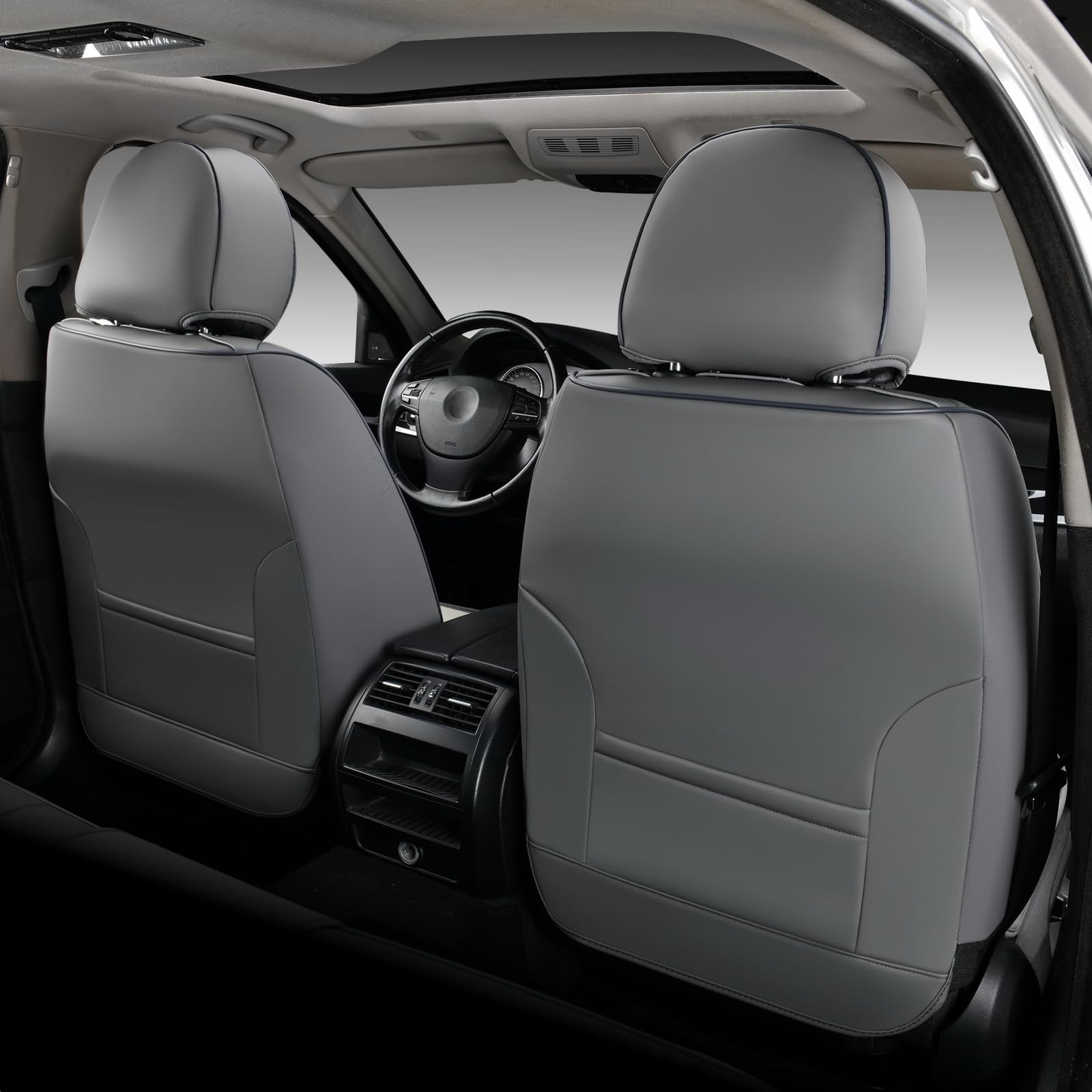 Coverado Funda Asiento Coche Cuero para 5 Plazas,Protector Asiento | Soporte Lumbar, Impermeable Fundas Coche Asientos Completo Universales para Sedán SUV Camioneta, Gris&Beige