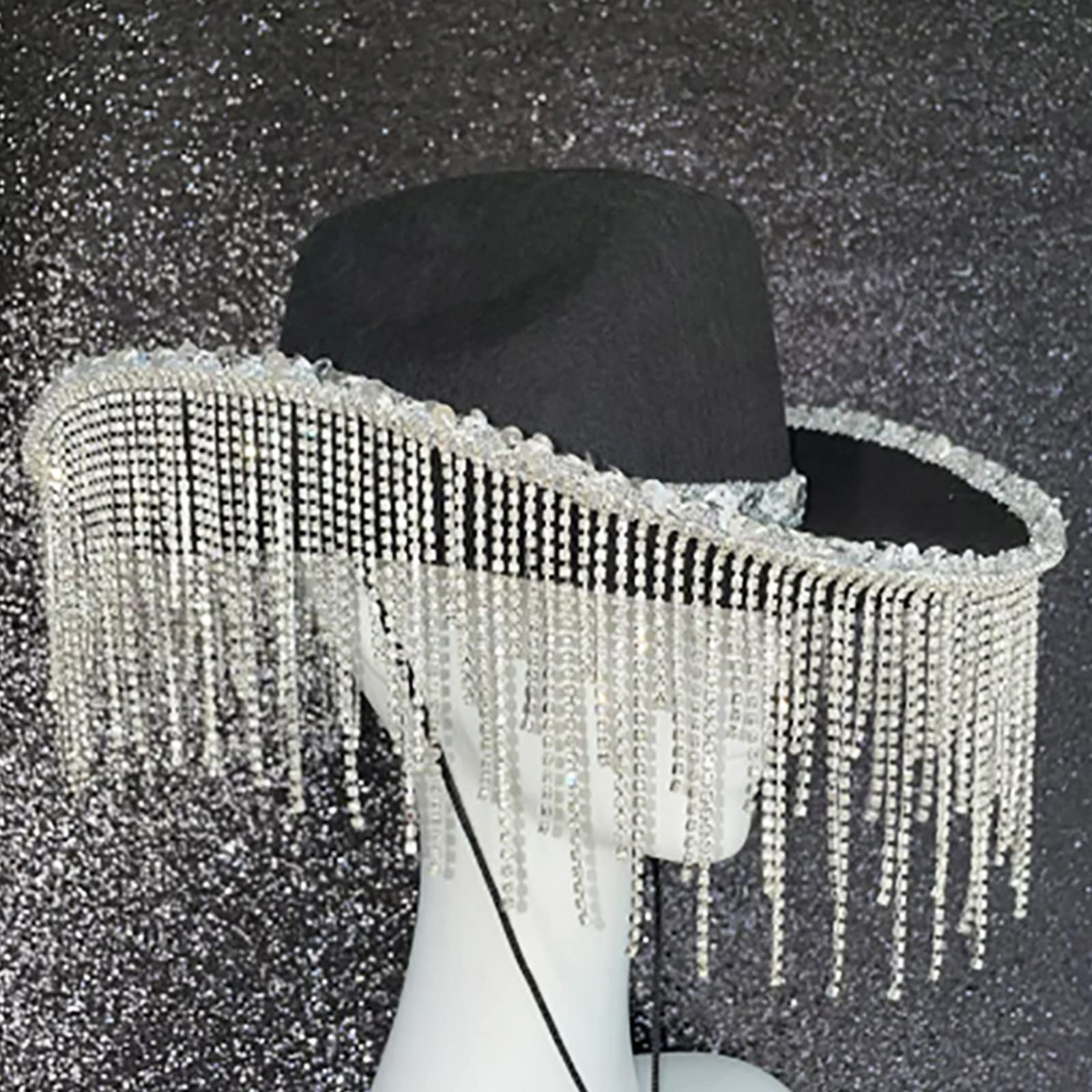 Cappello da cowgirl per adulti cappello da cowboy con paillettes strass frangia adatta alla maggior parte delle donne per feste a tema nero bianco