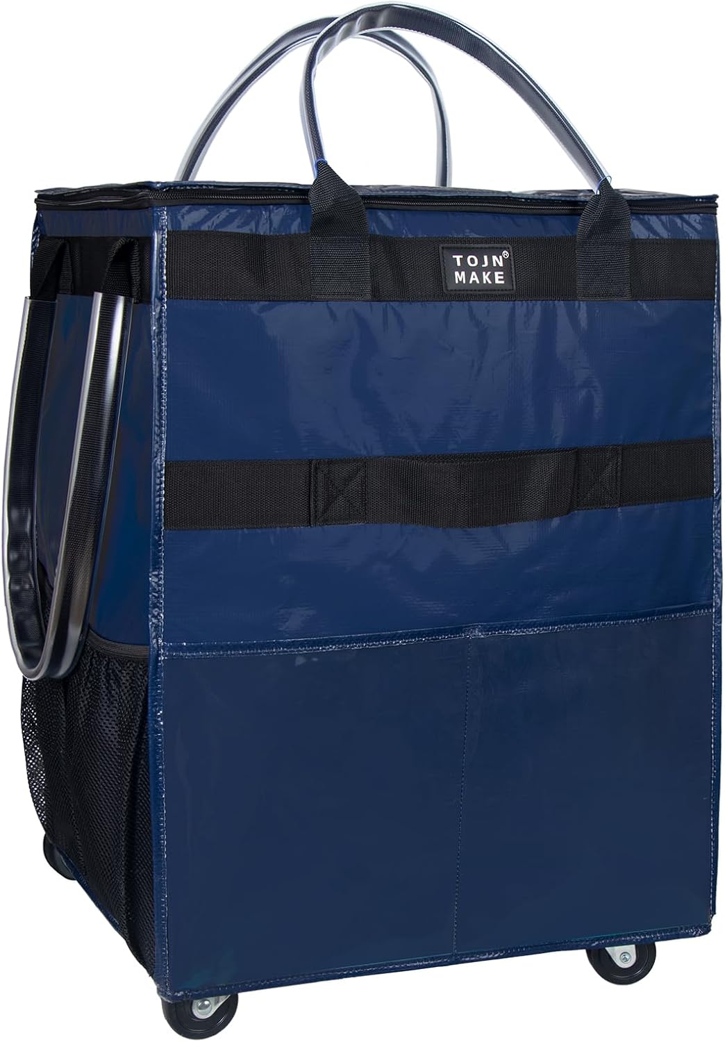 Reusable Grocery Bag On Wheels, Shopping Trolley with 8 Pockets and Zipper Cover Foldable Rolling Tote, Heavy Duty Handles, Carries Up to 66 LBS (Large, DK Blue) Dk Blue Large