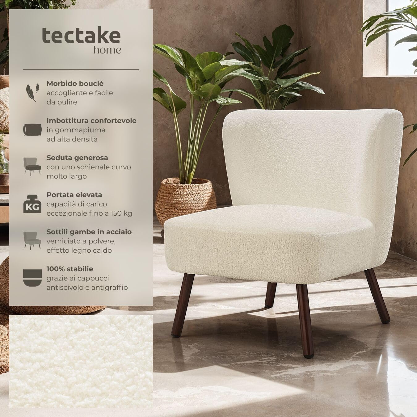 tectake®, Poltrona scandinava da cocktail, poltrona relax di design, moderna e comoda, poltrone salotto, poltroncina da camera, Poltroncina salotto da lettura - Bouclé Bianco Avorio
