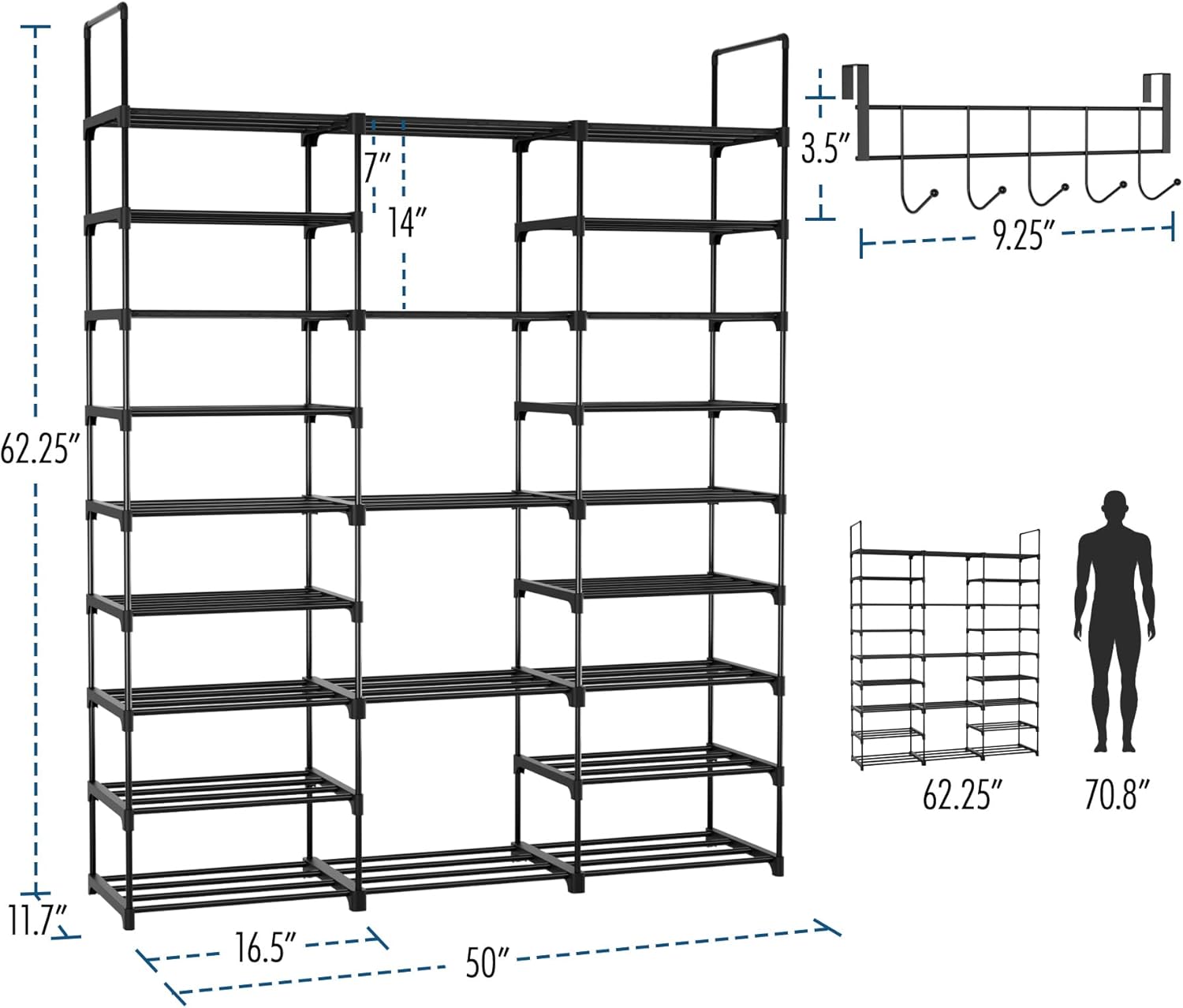 9 Tier Shoe Rack Shoe Storage Organizer Large Shoe Shelf for Entryway with Side Hooks, 50-55 Pairs Metal Shoe Racks Shoe and Boots Shelf for Closet